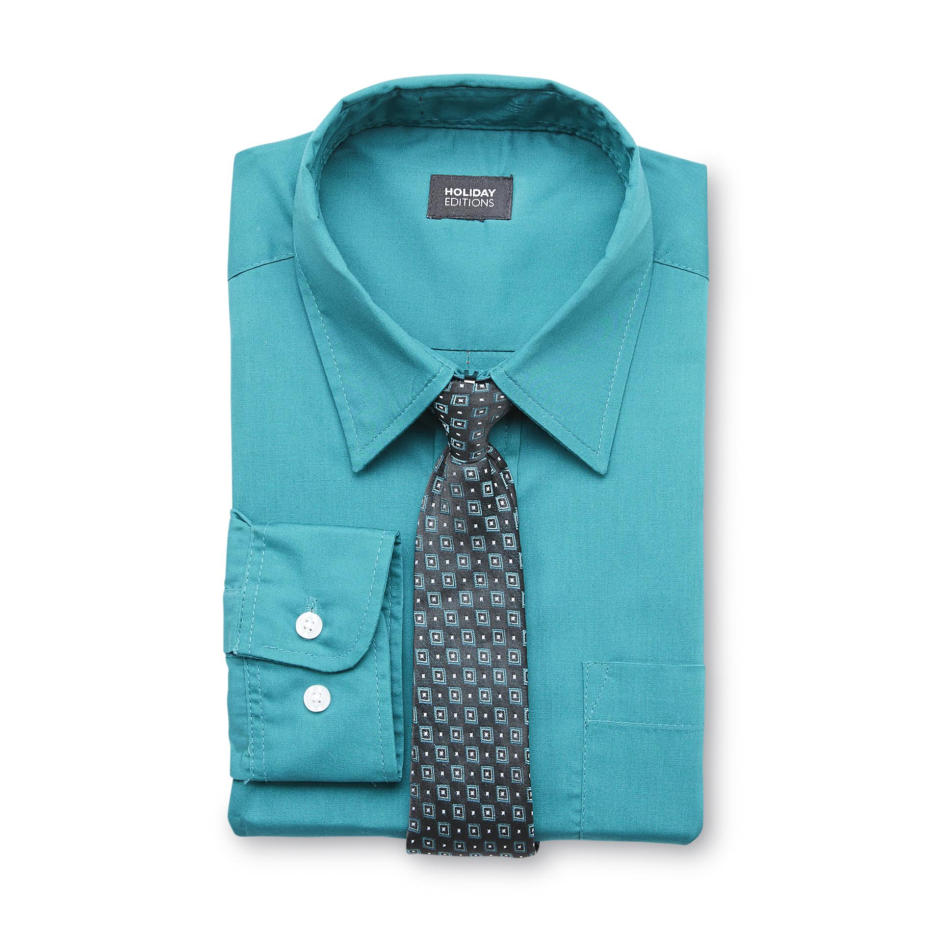 Holiday Editions Boy's Dress Shirt & Clip-On Necktie - Squares