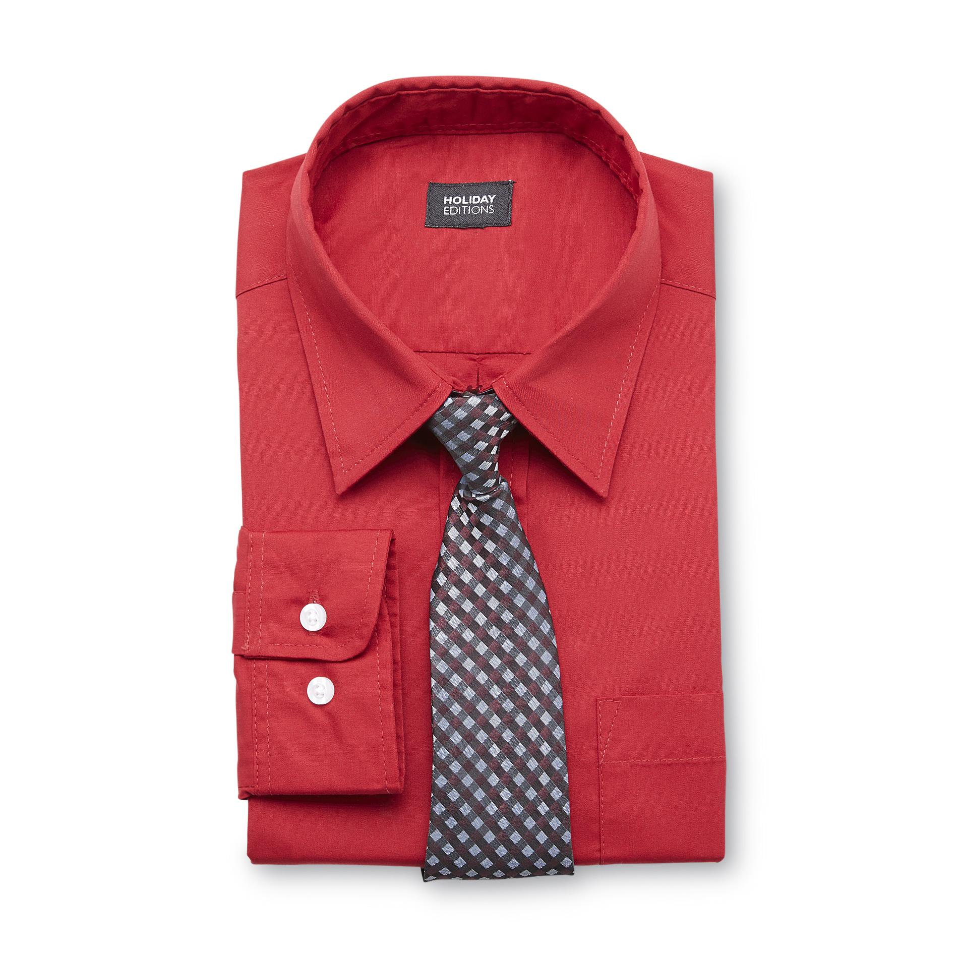 Holiday Editions Boy's Dress Shirt & Clip-On Necktie - Windowpane Plaid
