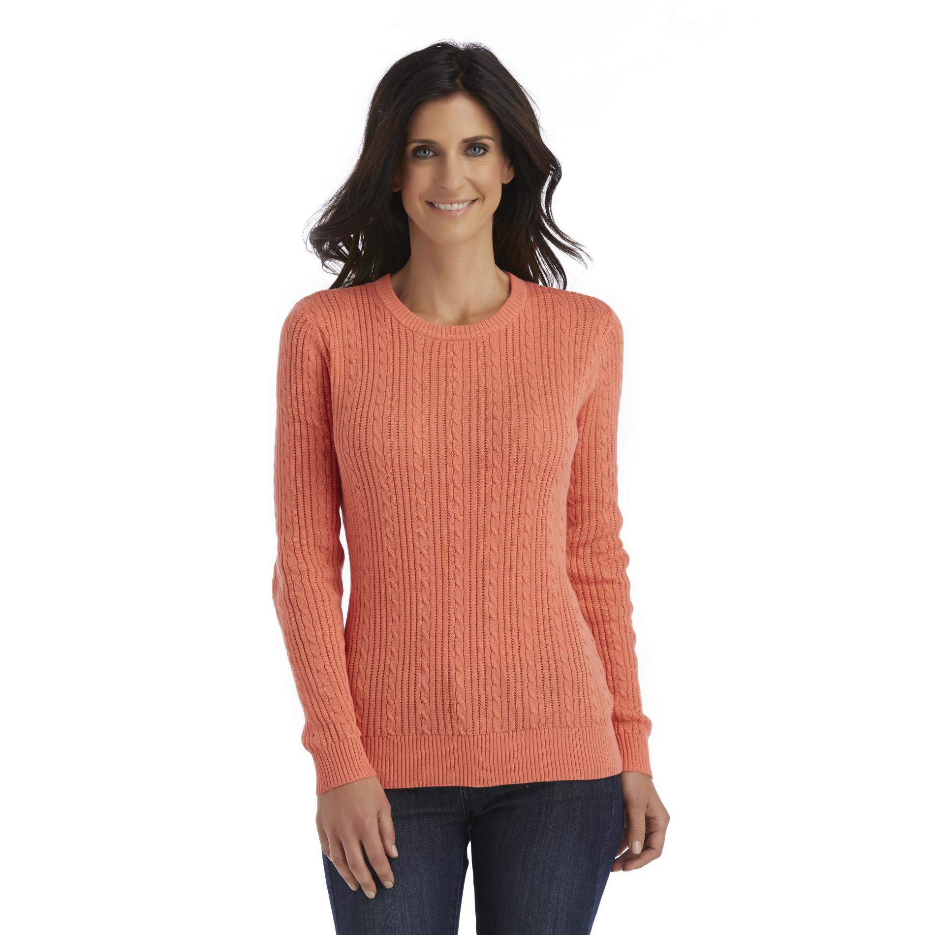 Basic Editions Women's Cable Knit Crew Neck Sweater