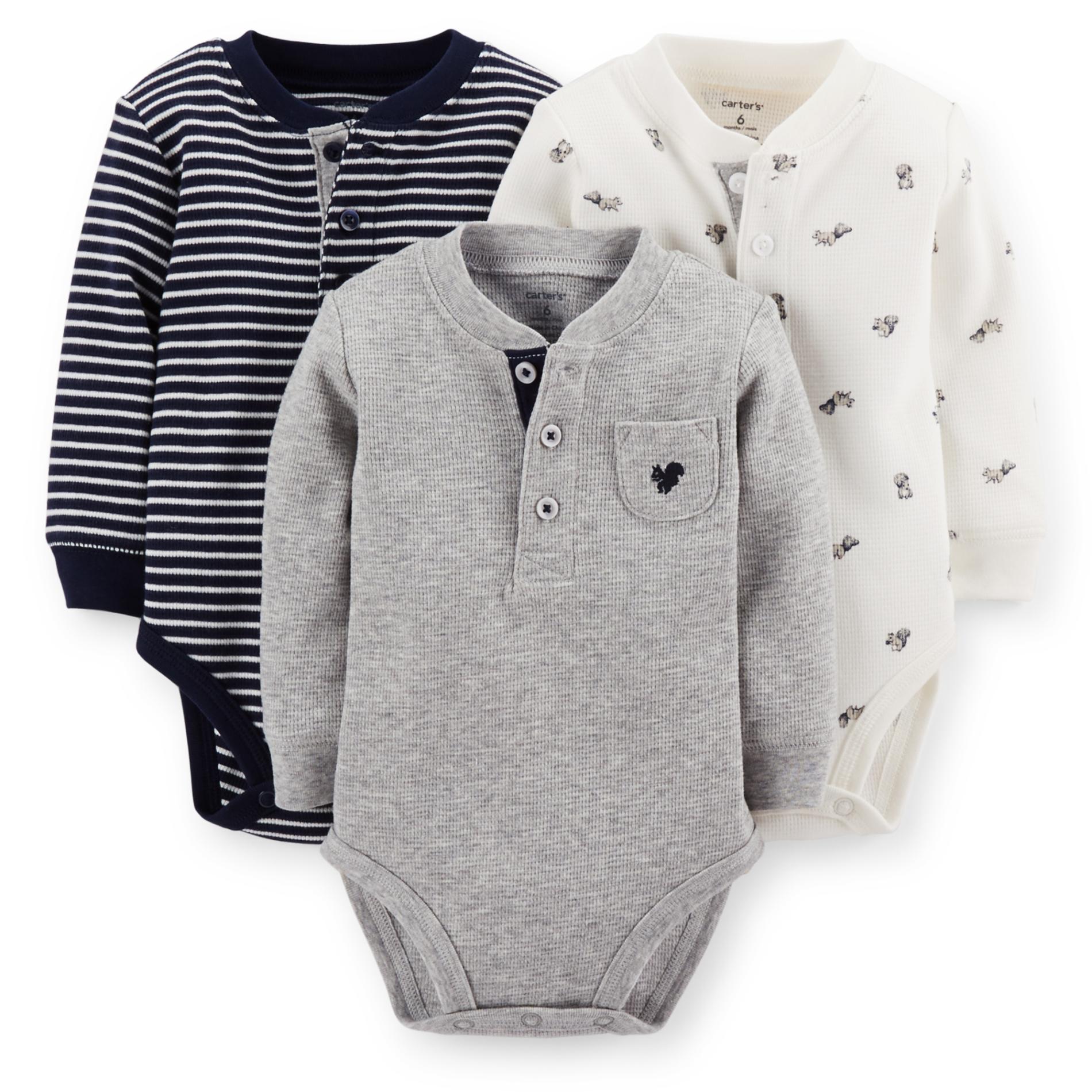 Carter's Newborn & Infant Boy's 3-Pack Thermal Henley Bodysuits - Striped & Squirrel