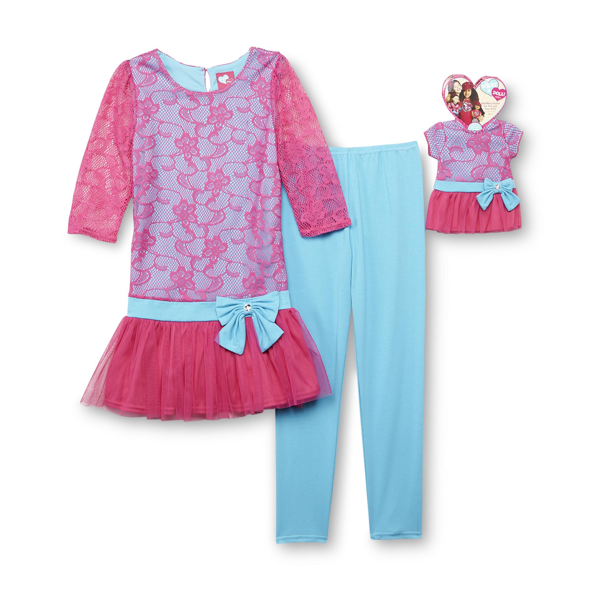 What A Doll Girl's Lace Tunic Top  Leggings & Doll Outfit