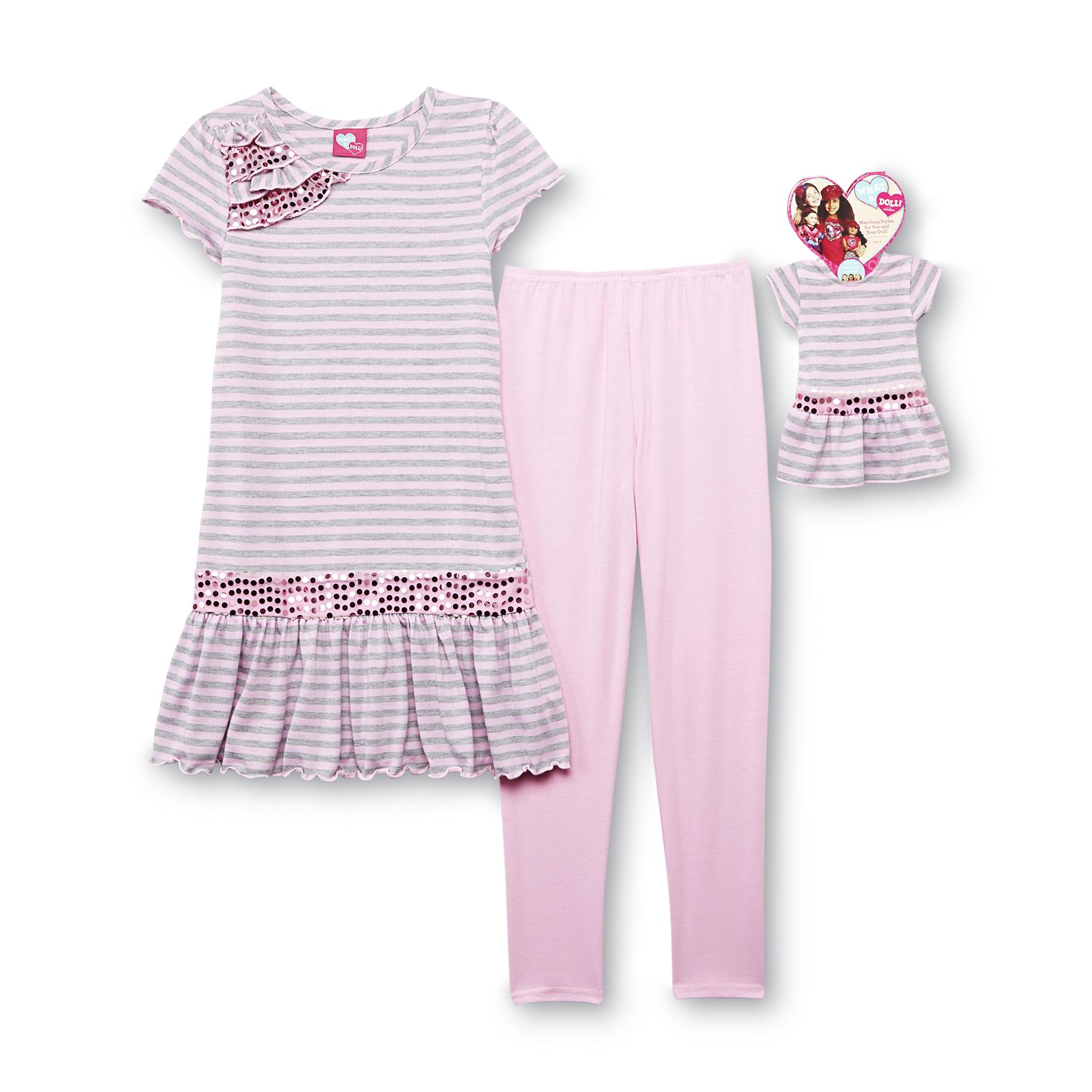 What A Doll Girl's Tunic  Leggings & Doll Dress - Striped
