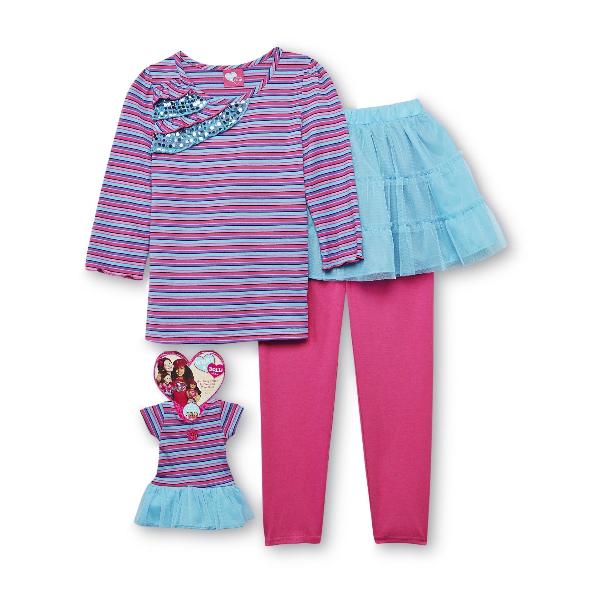 What A Doll Girl's Embellished Top  Skirted Leggings & Doll Dress - Sequin Ruffles