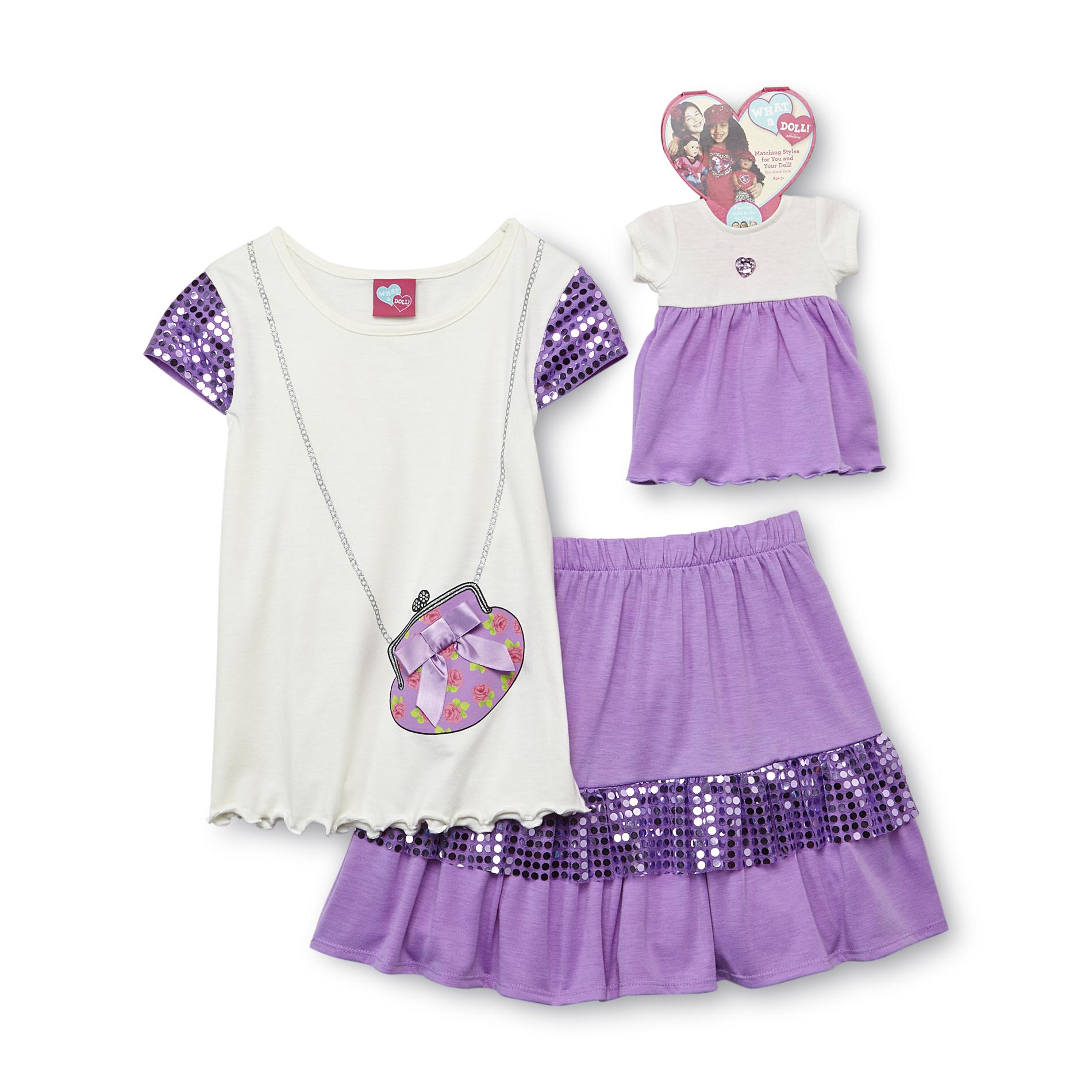 What A Doll Girl's Embellished Top  Skirt & Doll Dress - Purse
