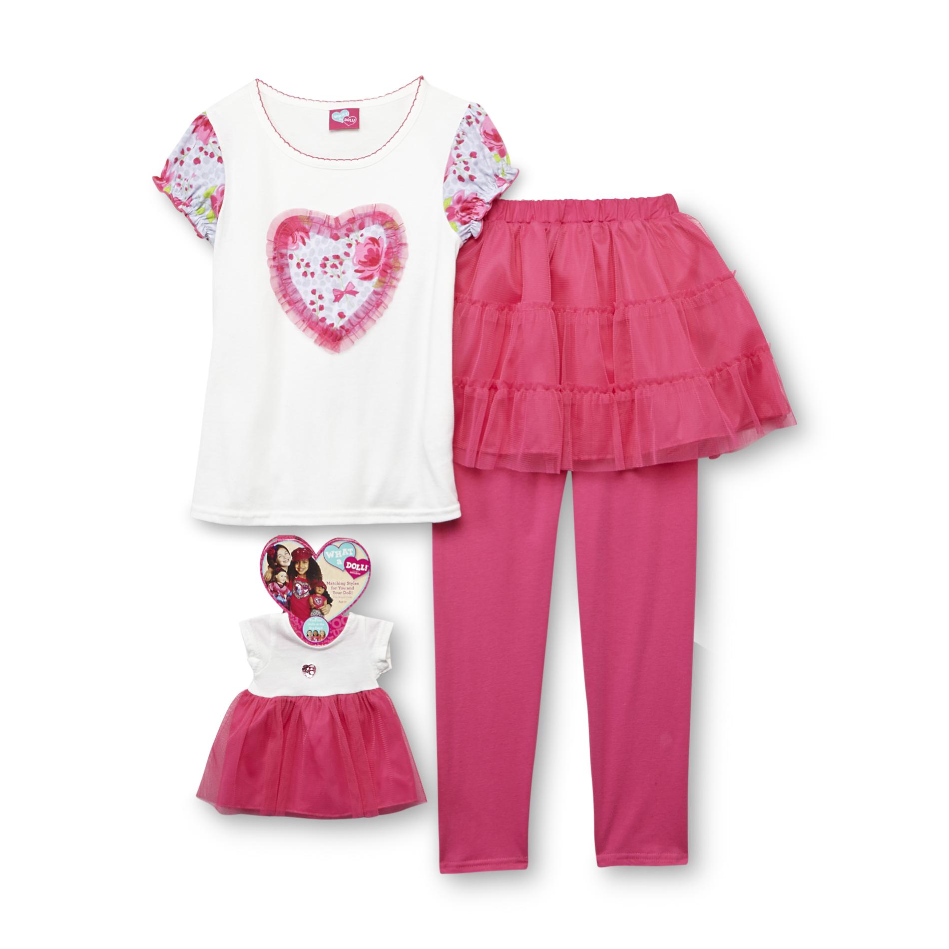 What A Doll Girl's Embellished Top  Skirted Leggings & Doll Dress - Ruffle Heart