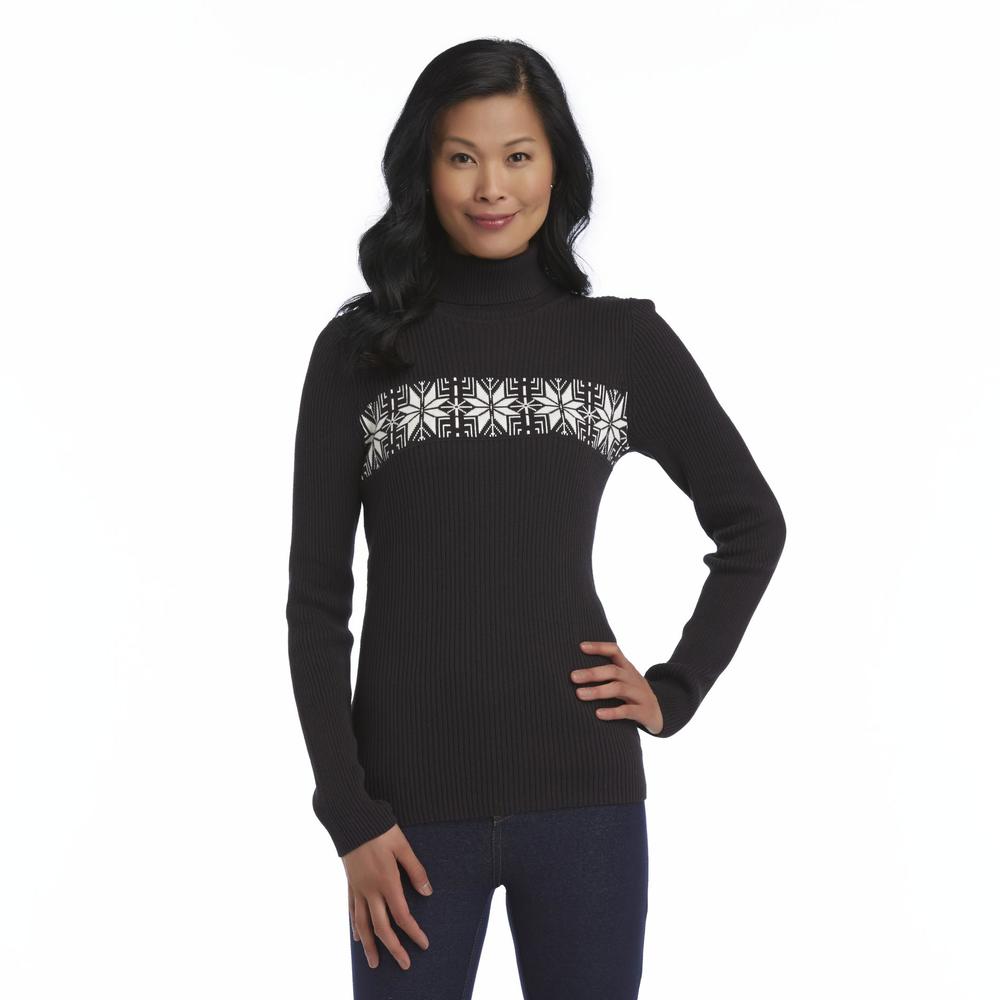 Basic Editions Women's Rib Knit Turtleneck Sweater - Snowflake