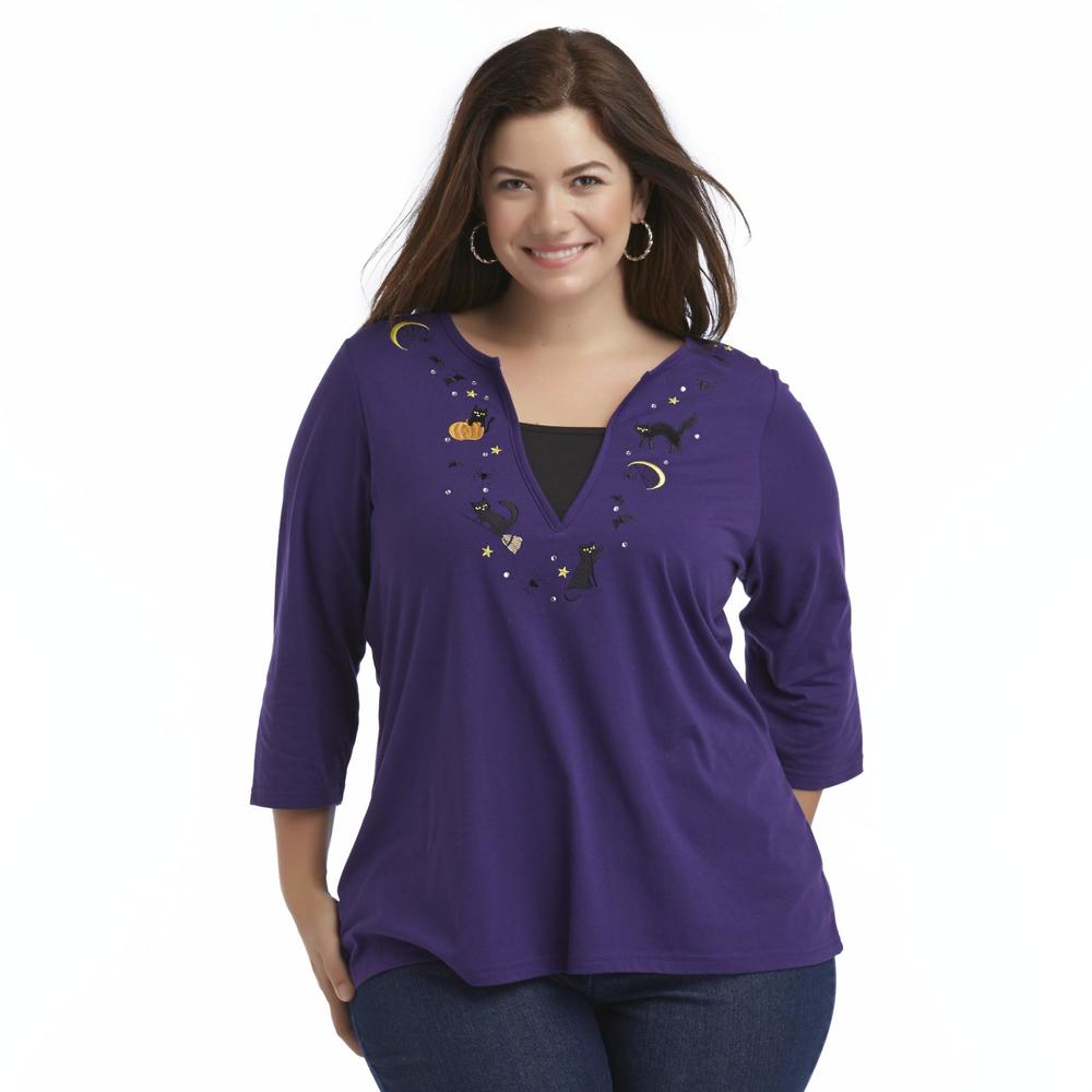 Holiday Editions Women's Plus Halloween Embroidered Top