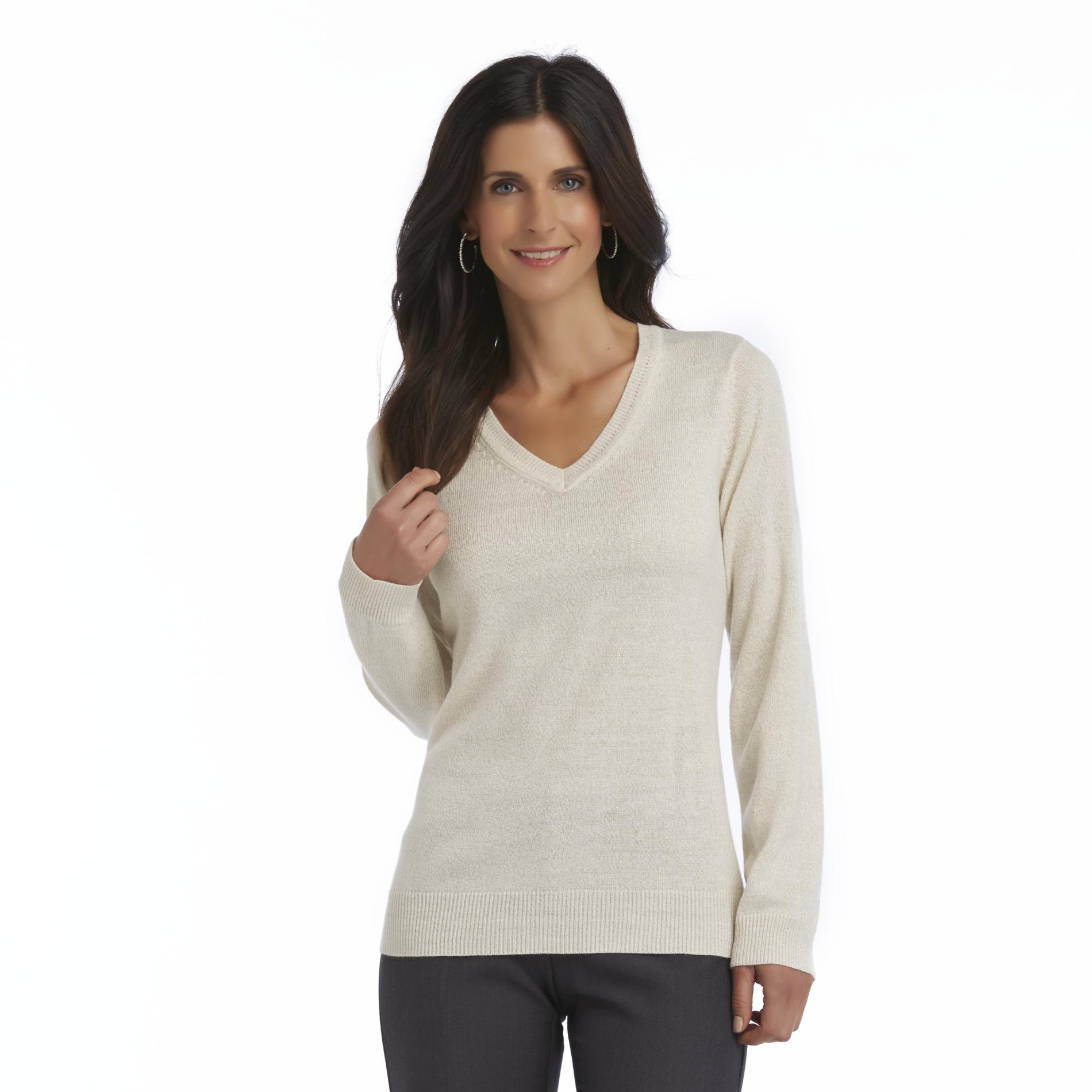 Basic Editions Women's Metallic V-Neck Sweater