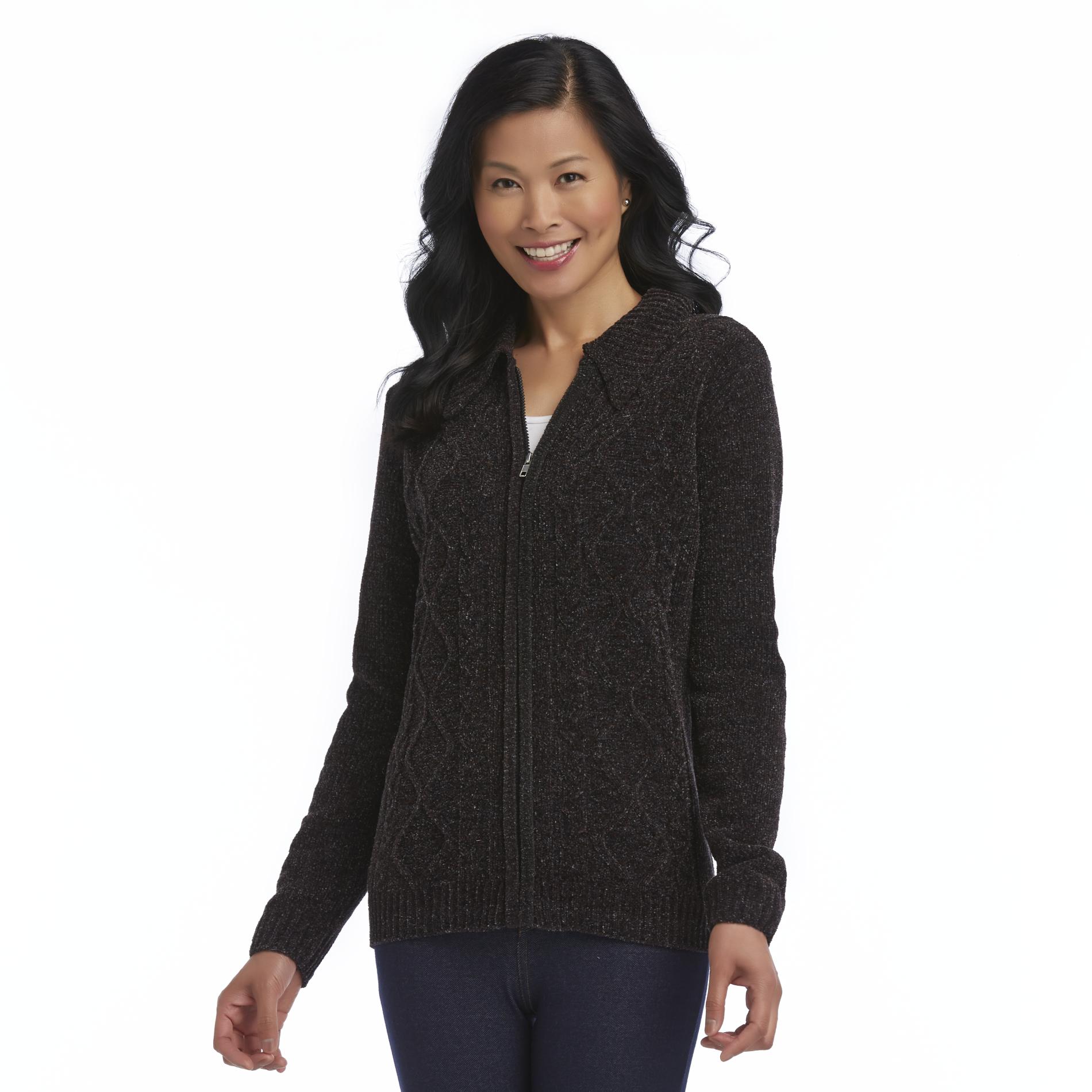 Basic Editions Women's Zip-Front Chenille Sweater
