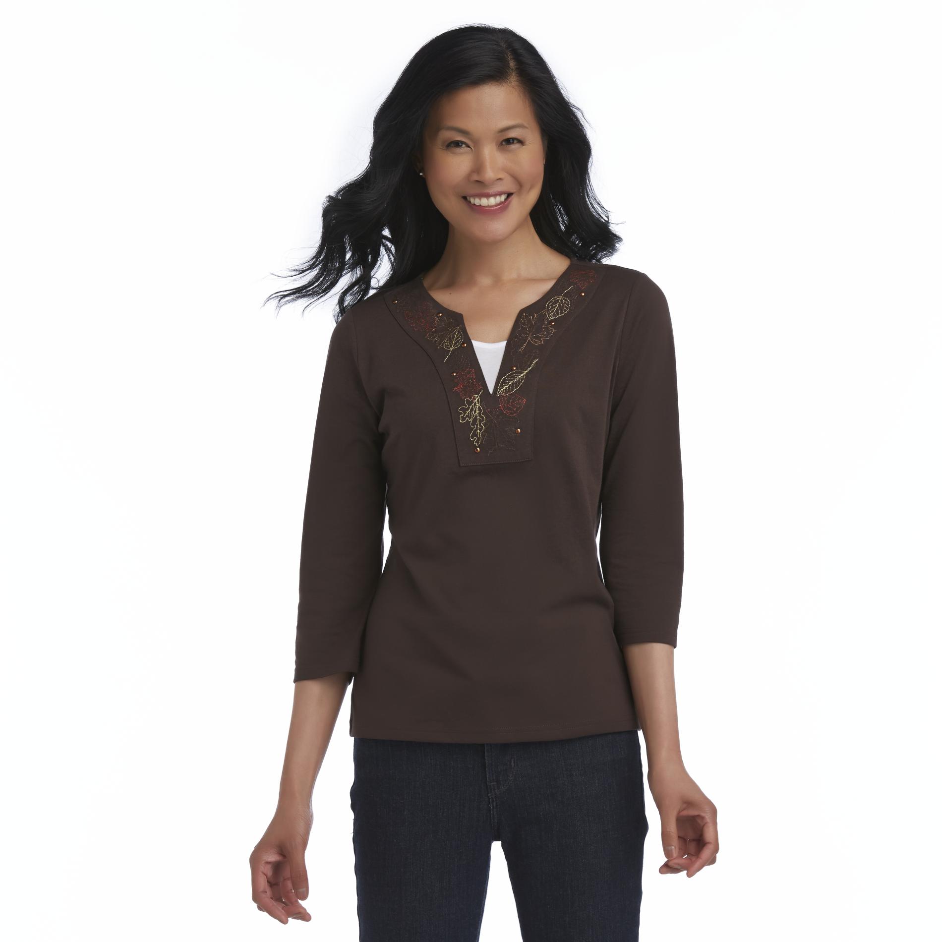 Basic Editions Women's Embroidered Harvest Knit Top