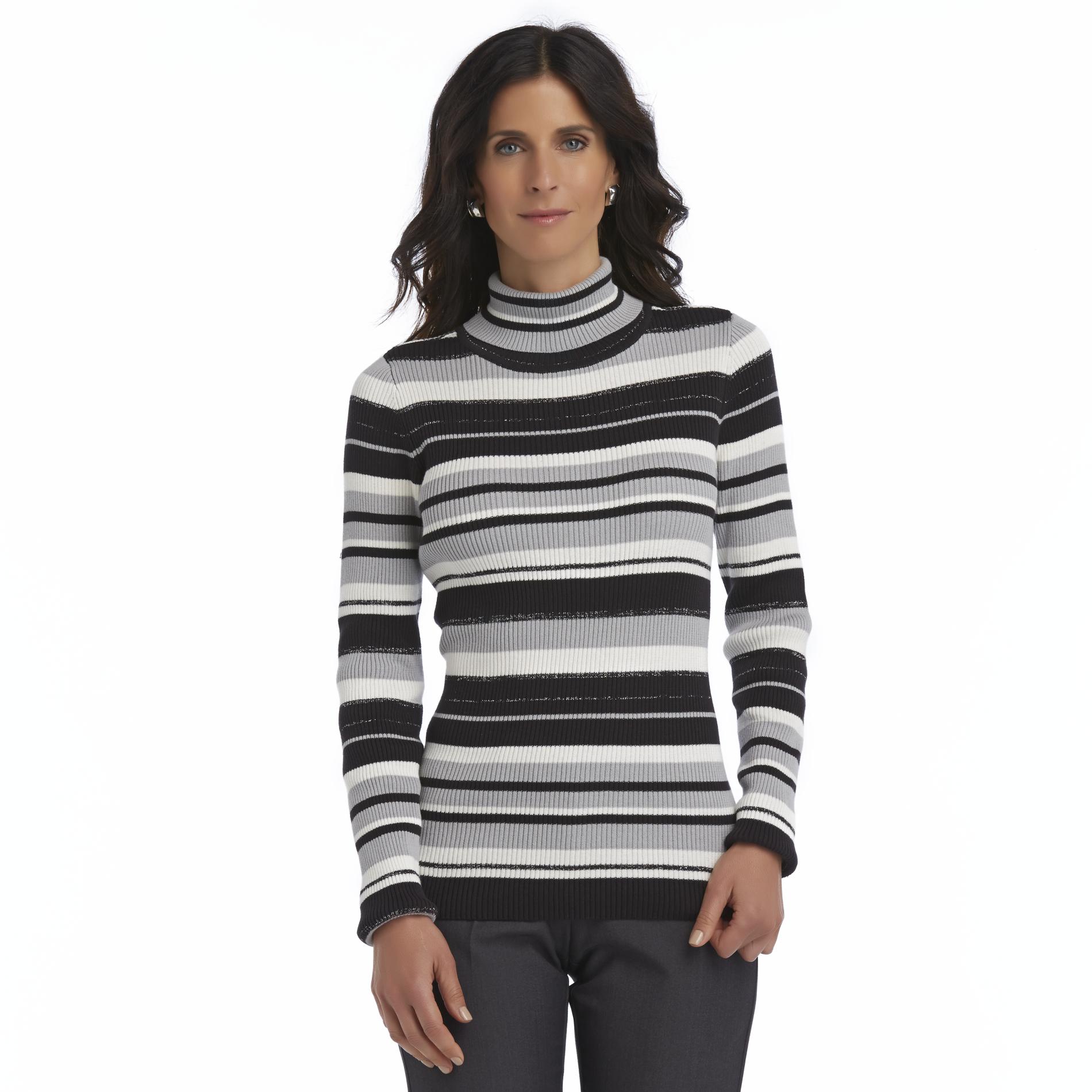 Basic Editions Women's Ribbed Turtleneck Sweater - Metallic Striped