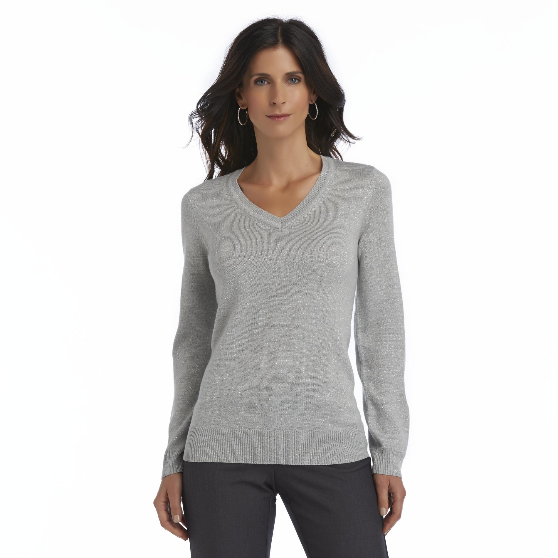 Basic Editions Women's Metallic V-Neck Sweater