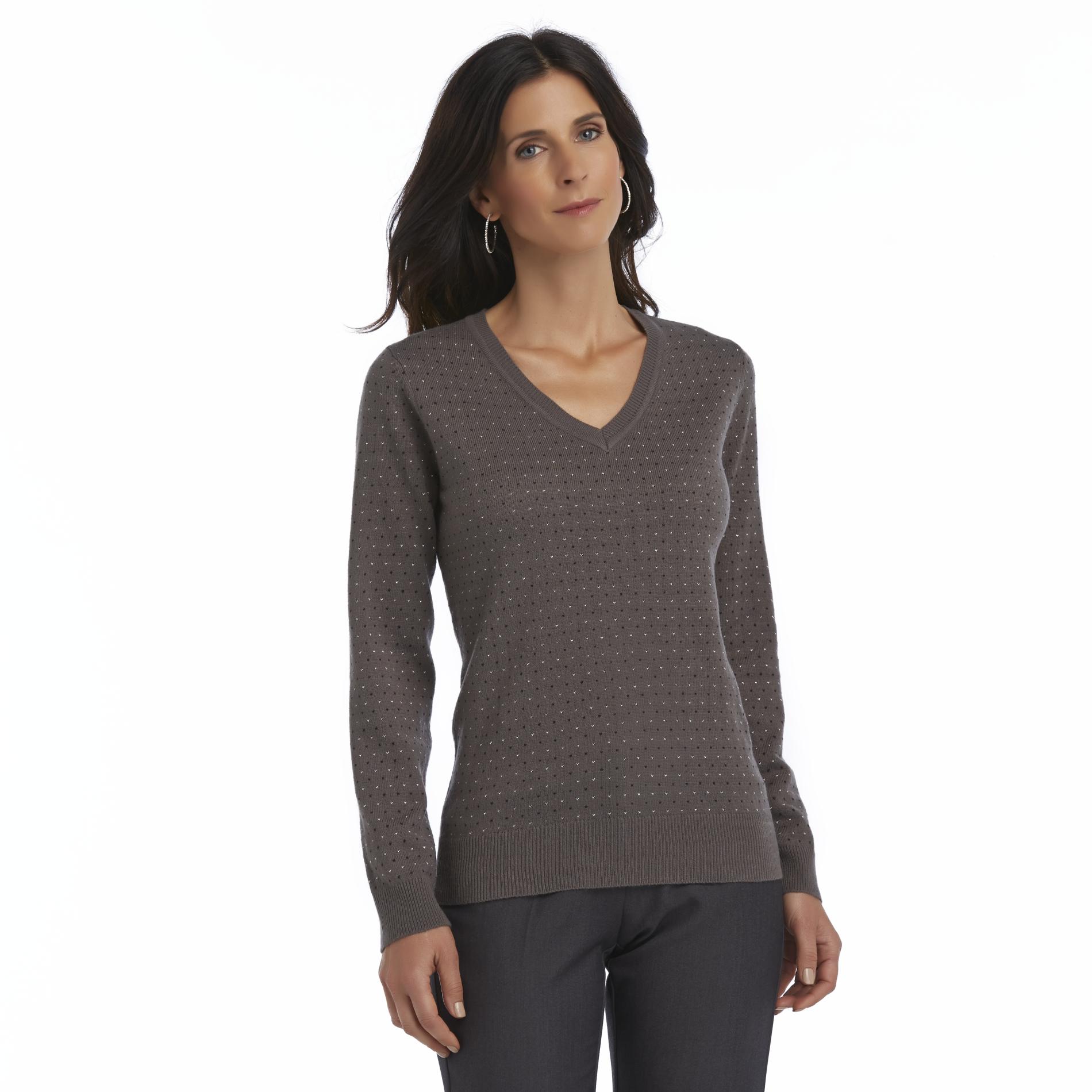 Basic Editions Women's Metallic V-Neck Sweater - Polka Dots
