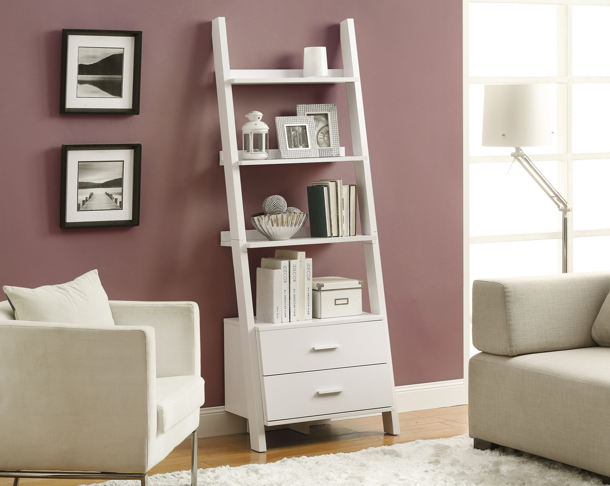 Monarch Specialties BOOKCASE - 69"H / WHITE LADDER WITH 2 STORAGE DRAWERS