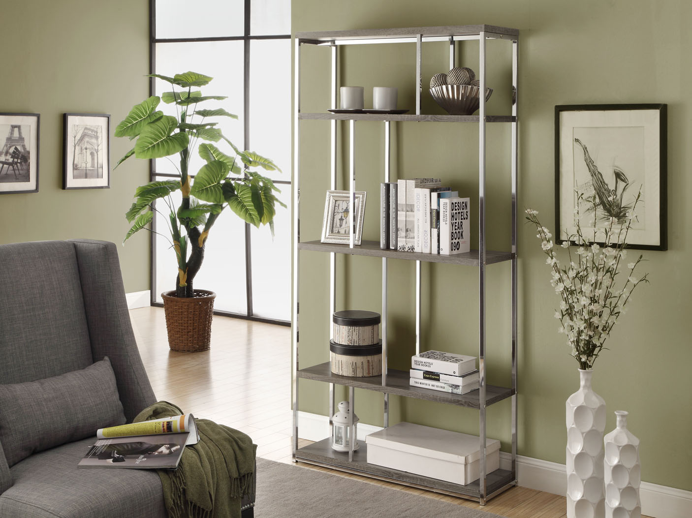 Monarch Specialties BOOKCASE - 72"H / DARK TAUPE WITH CHROME METAL