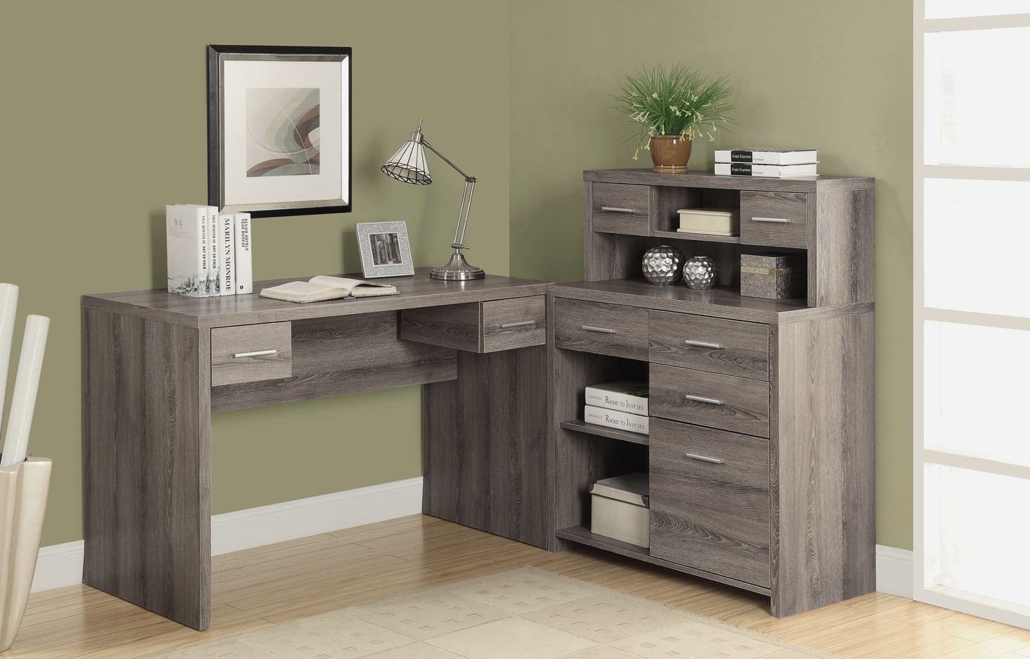 Monarch Specialties I 7318 Dark Taupe Reclaimed-Look L Shaped Home Office Desk