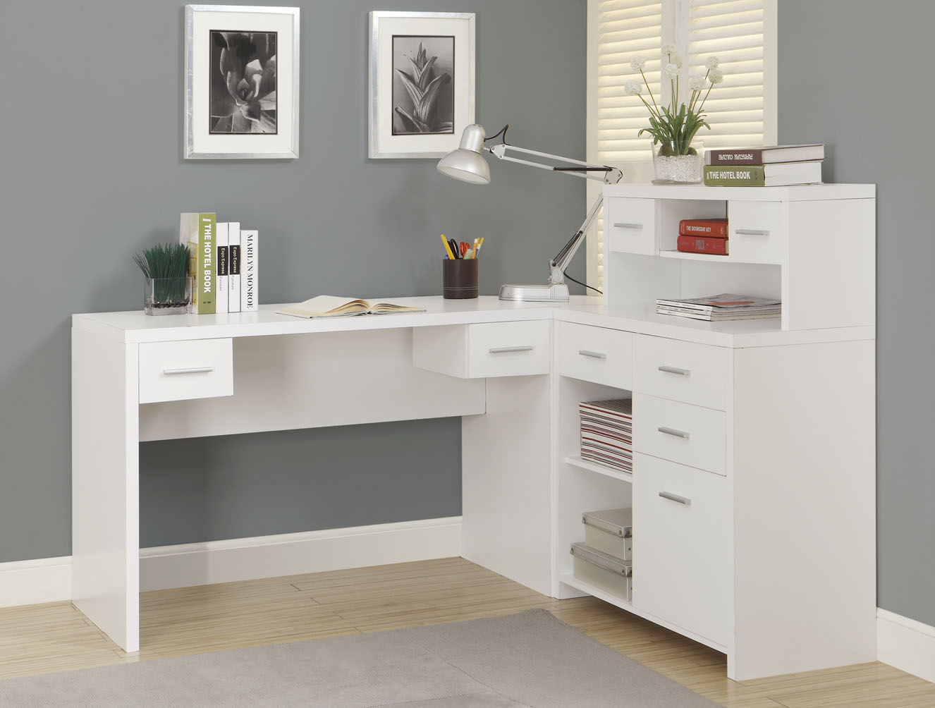 Monarch Specialties I 7028 White Hollow-Core L Shaped Home Office Desk