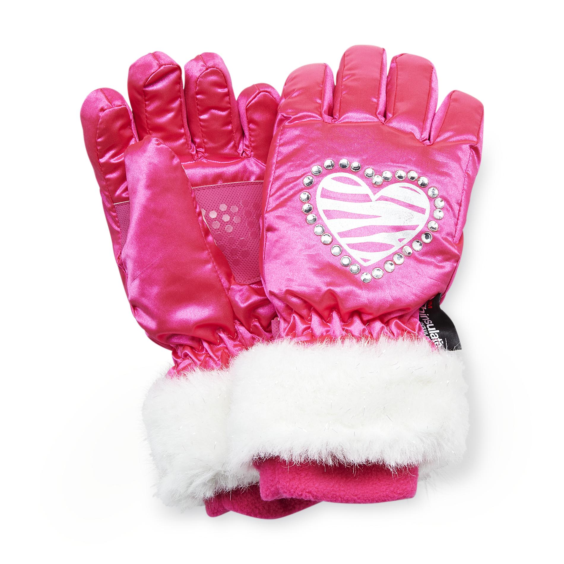 Canyon River Blues Girl's Fleece-Lined Jeweled Ski Gloves - Zebra Print Heart