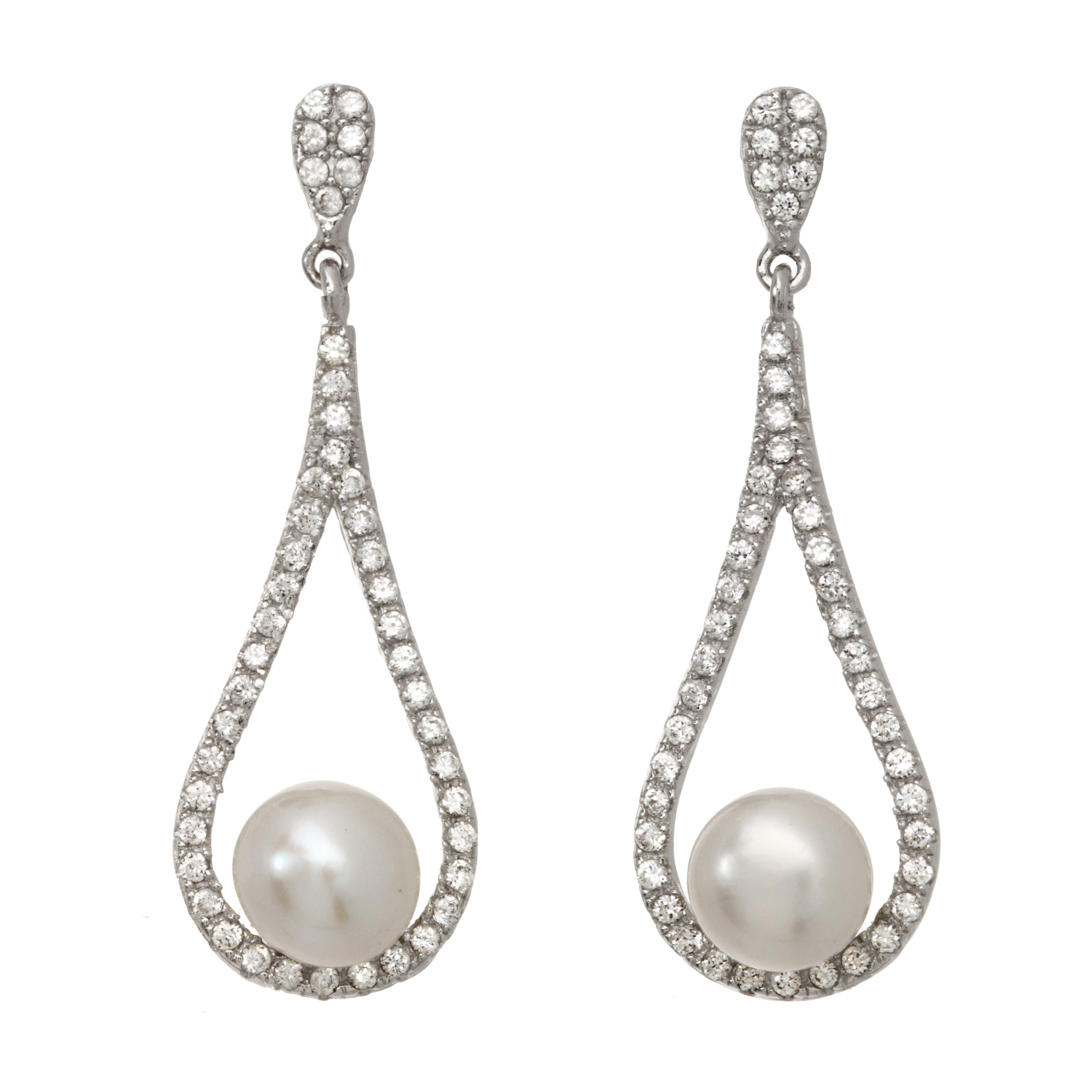 Lita CZ With Pearl Drop Earrings, White Lita CZ With Pearl Drop Earrings, White