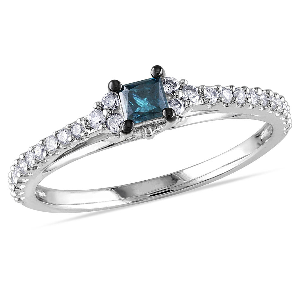 10k White Gold 0.48 CTTW Blue and White Diamond Solitaire Ring