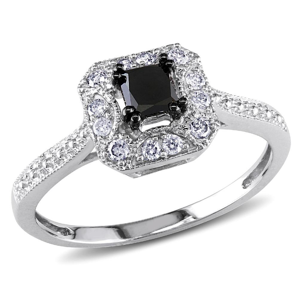10k White Gold 0.56 CTTW Black and White Diamond Solitaire Ring