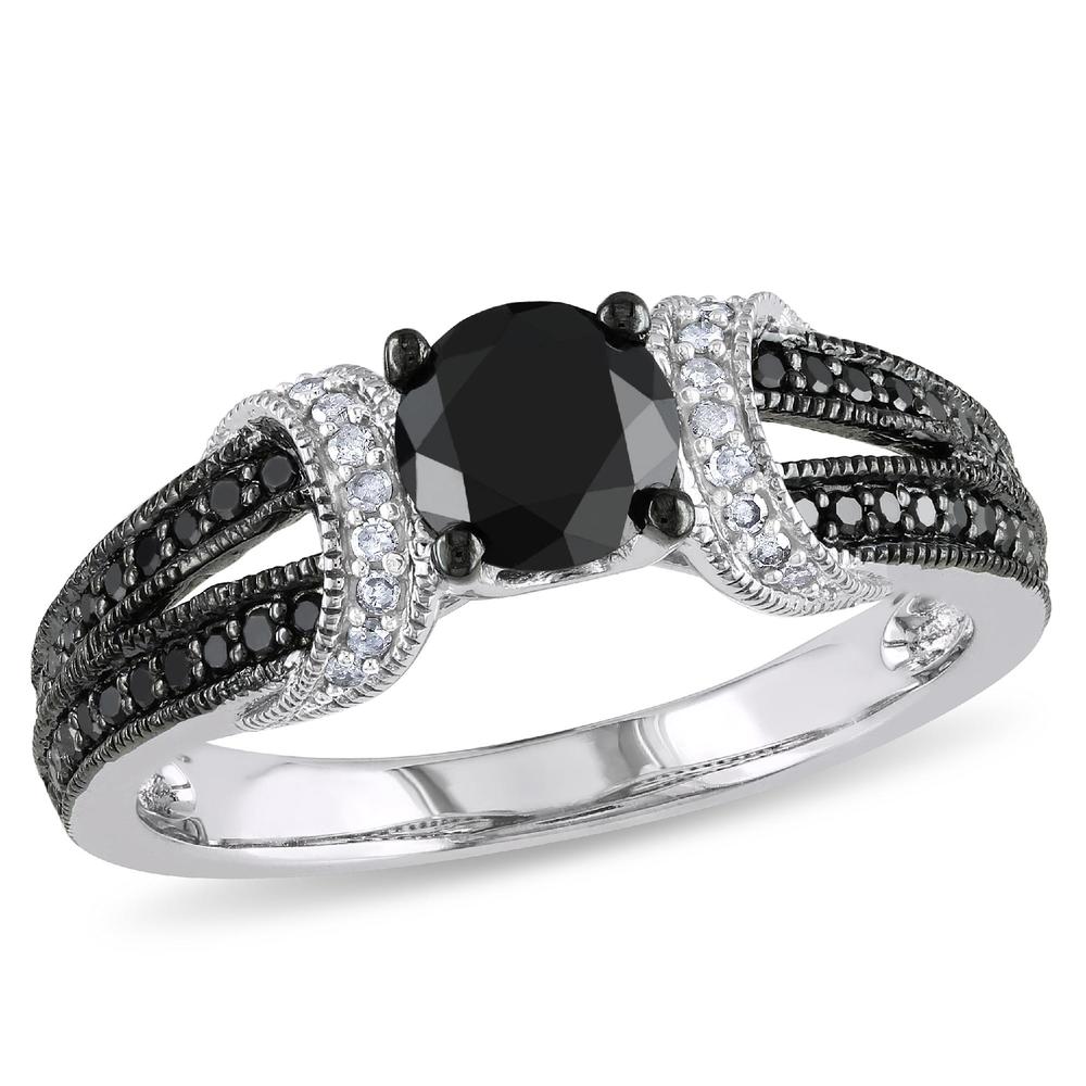 10k White Gold 1 CTTW Black and White Diamond Solitaire Ring