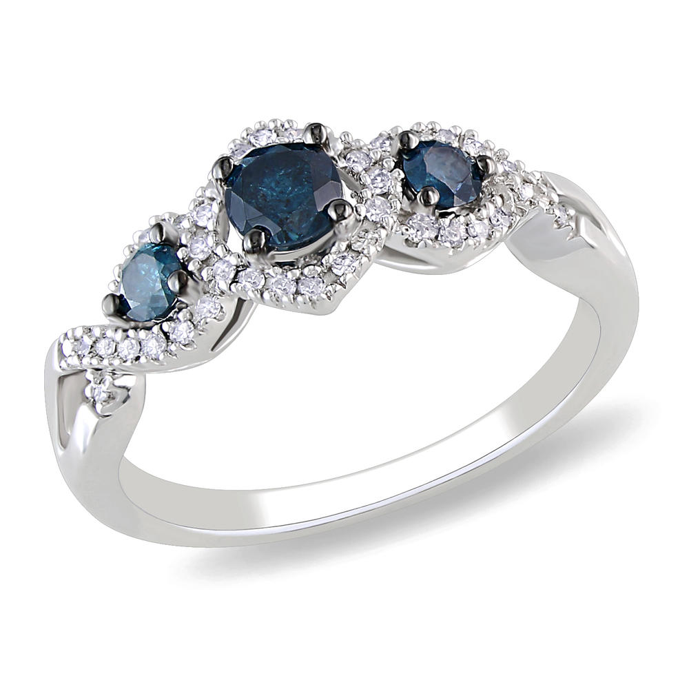 14k White Gold 0.50 CTTW Blue and White Diamond Three Stone Ring