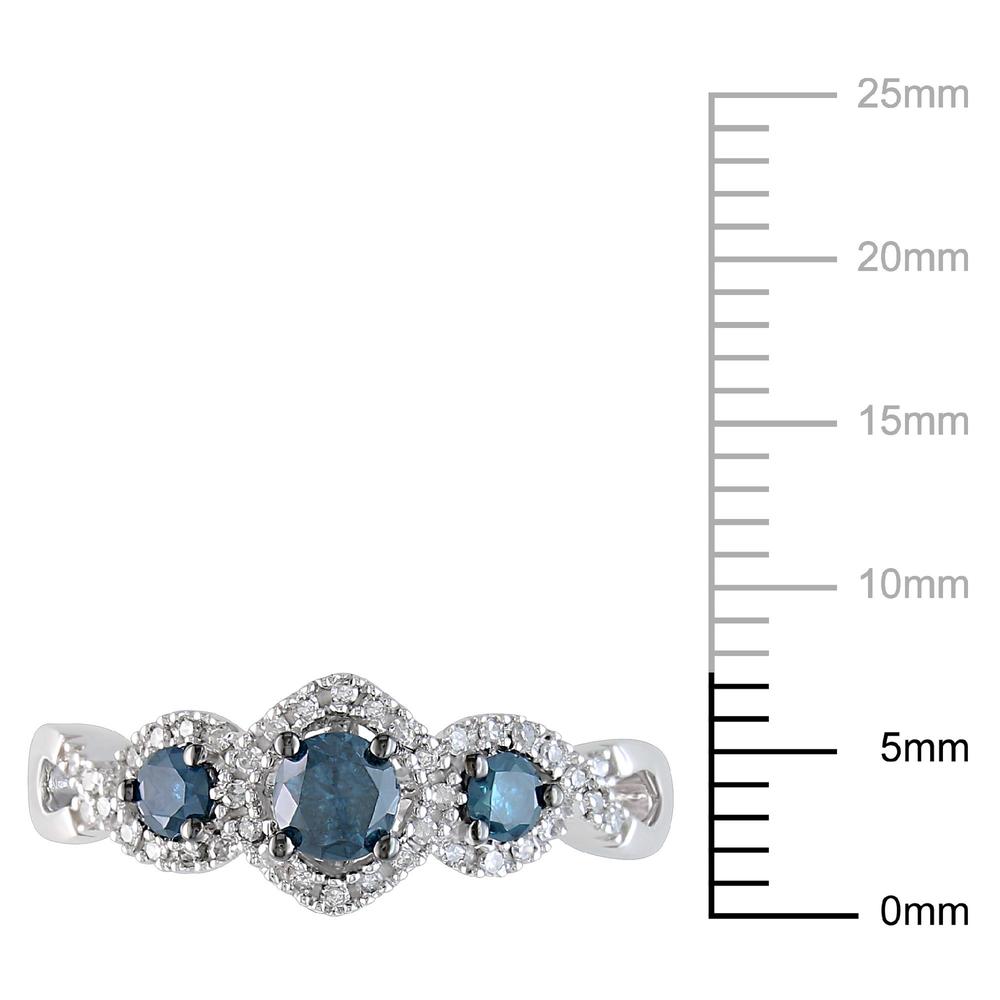 14k White Gold 0.50 CTTW Blue and White Diamond Three Stone Ring