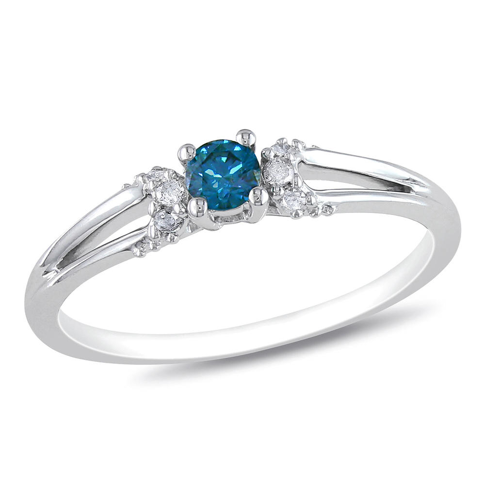 10k White Gold 0.20 CTTW Blue and White Diamond Solitaire Ring