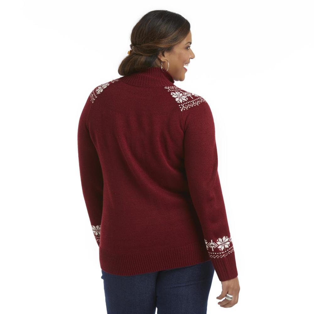 Basic Editions Women's Plus Zip-Front Sweater - Fair Isle
