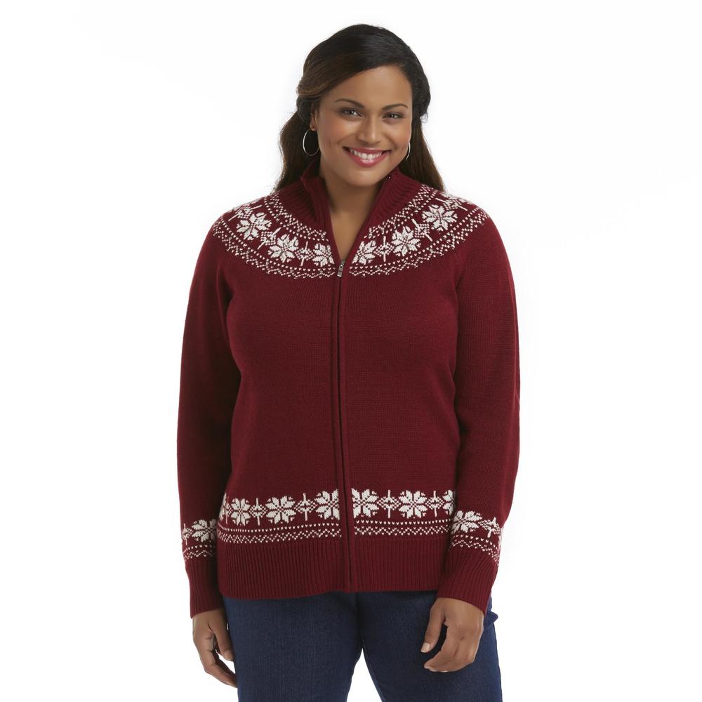 Basic Editions Women's Plus Zip-Front Sweater - Fair Isle
