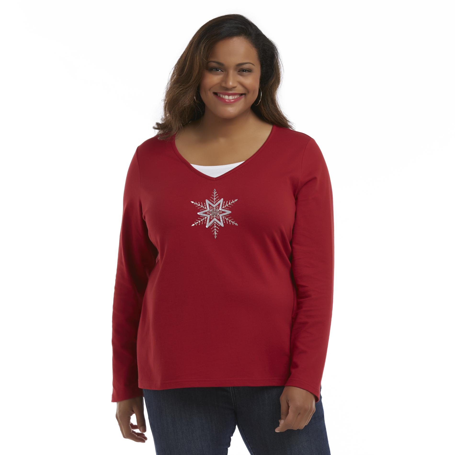 Holiday Editions Women's Plus Layered-Look Holiday Top - Snowflake