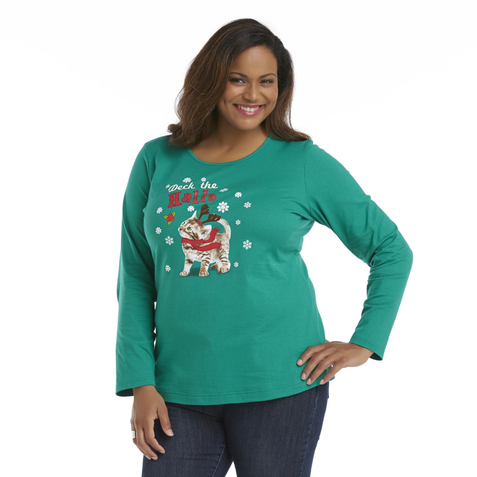 Holiday Editions Women's Plus Long-Sleeve Christmas T-Shirt - Cat