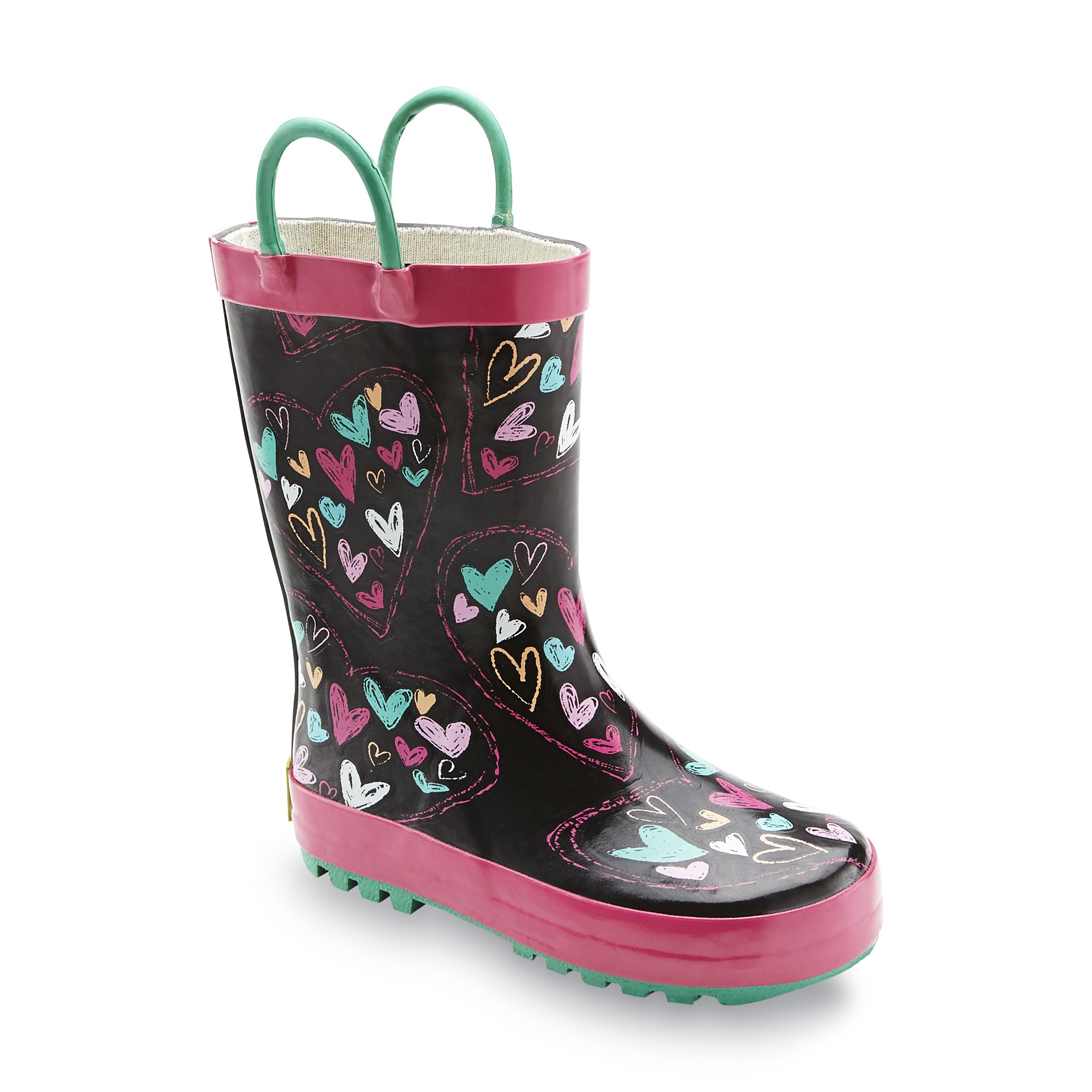 Western Chief Toddler/Youth Girl's Heart Doodle Black/Pink Wellie Rain Boot