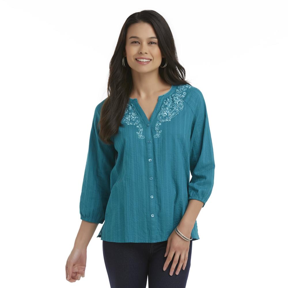 Laura Scott Petite's Embroidered Button-Front Top - Floral