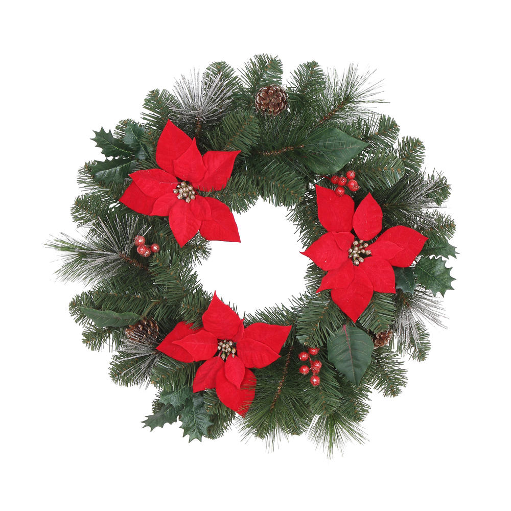 DONNER & BLITZEN Red Poinsettia Wreath 24" Christmas Decoration