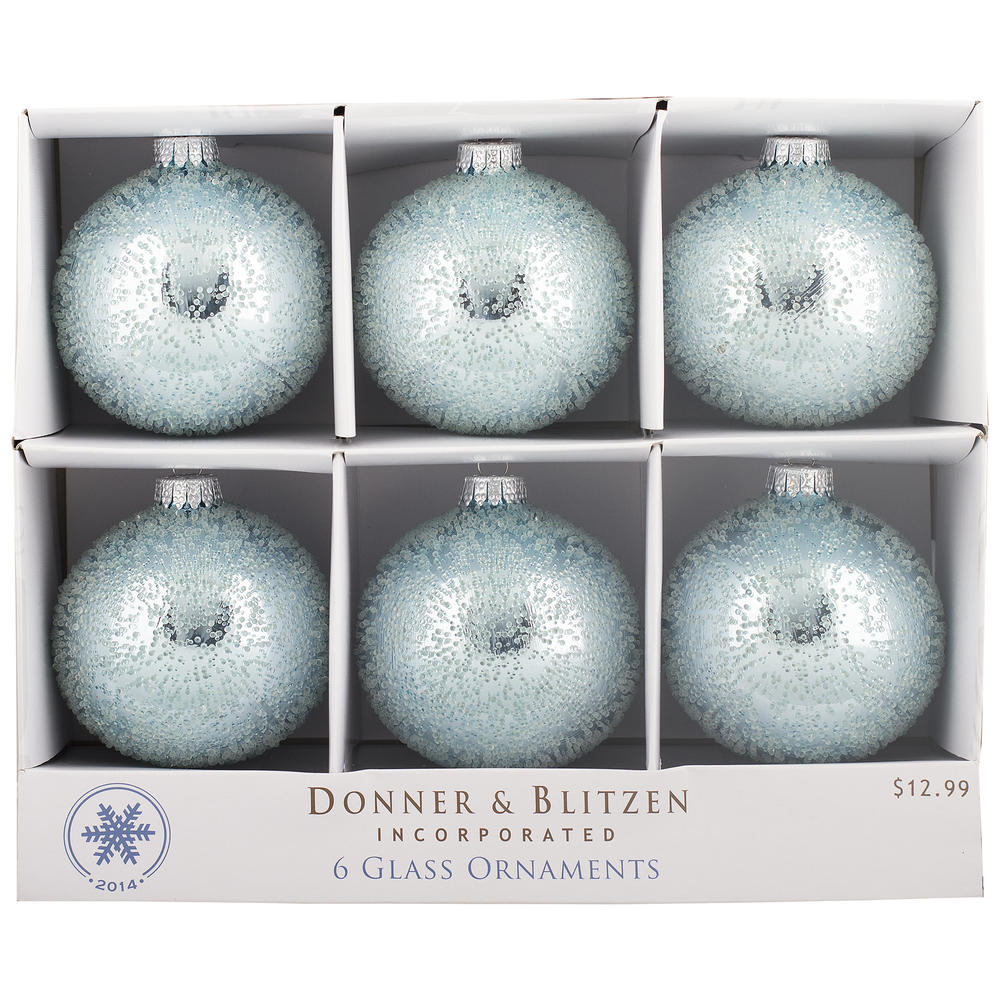 Donner & Blitzen Incorporated Ice Blue Caviar Glass Christmas Ornaments, 85 mm, 6 ct