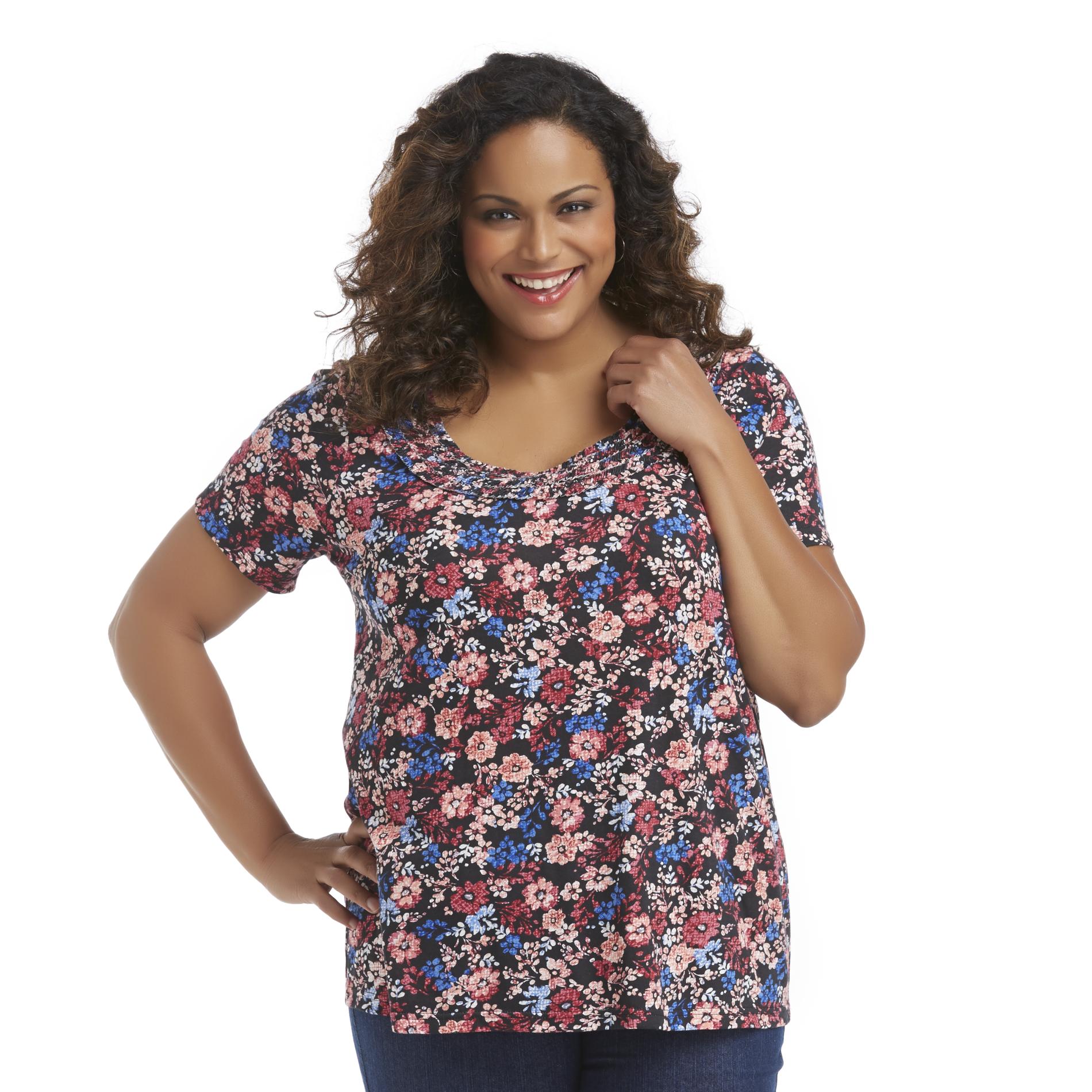 Basic Editions Women's Plus Ruffled Crew Neck Top - Floral