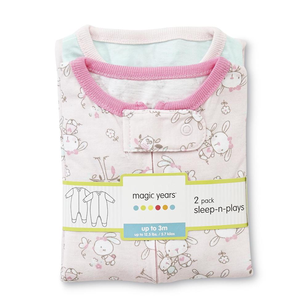 Magic Years Newborn Girl's 2-Pack Footed Pajamas - Bunny & Owl