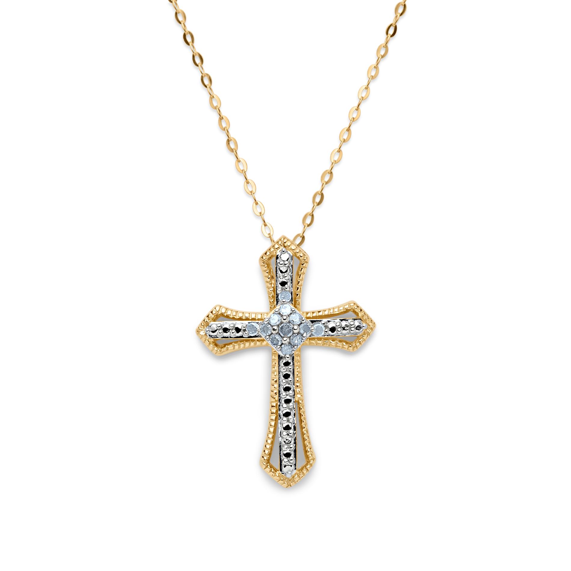 .10 Cttw. Diamond Yellow Gold Over Silver Cross Pendant Necklace