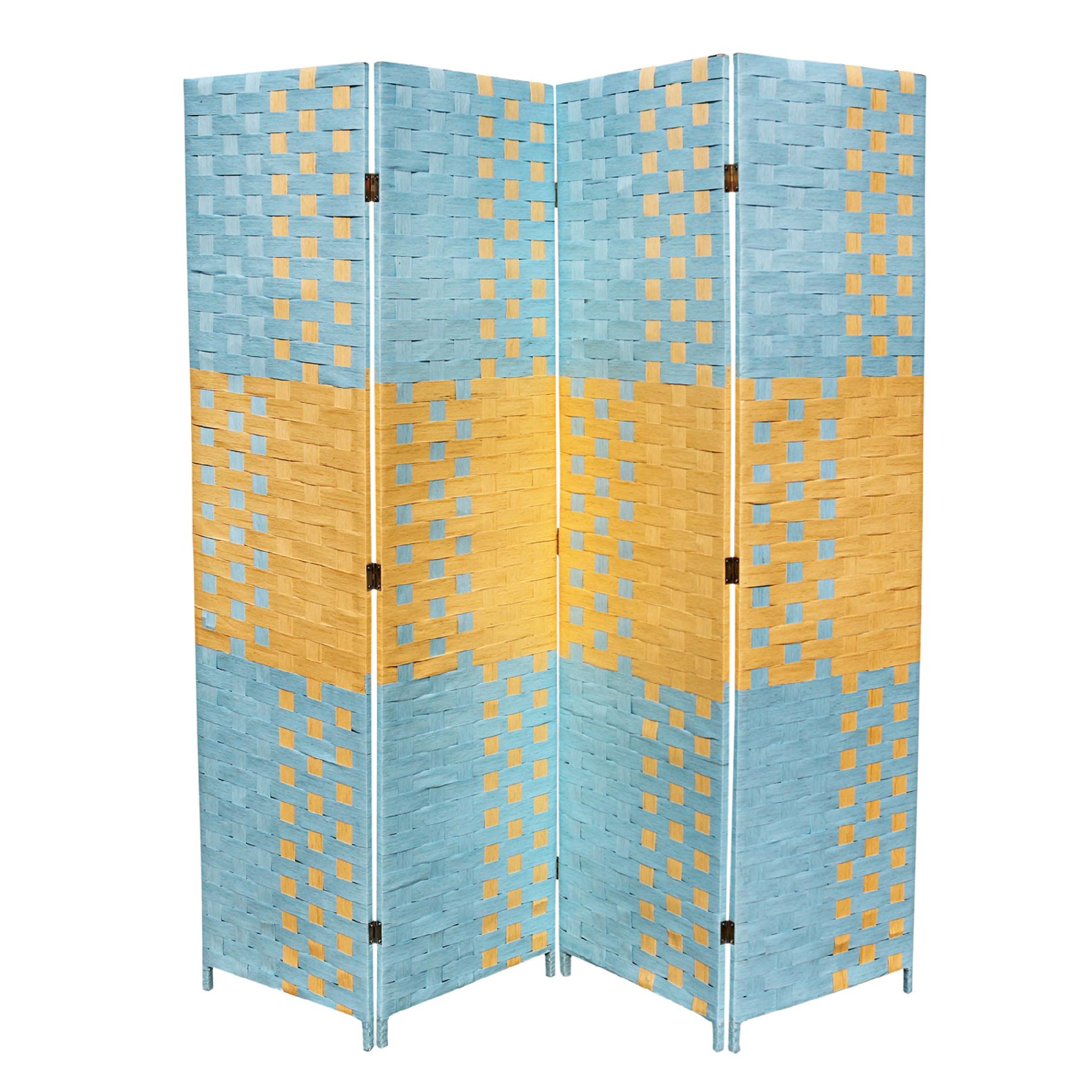 Ore International Beach Blue And Natural Paper Straw Weave Four Panel Screen