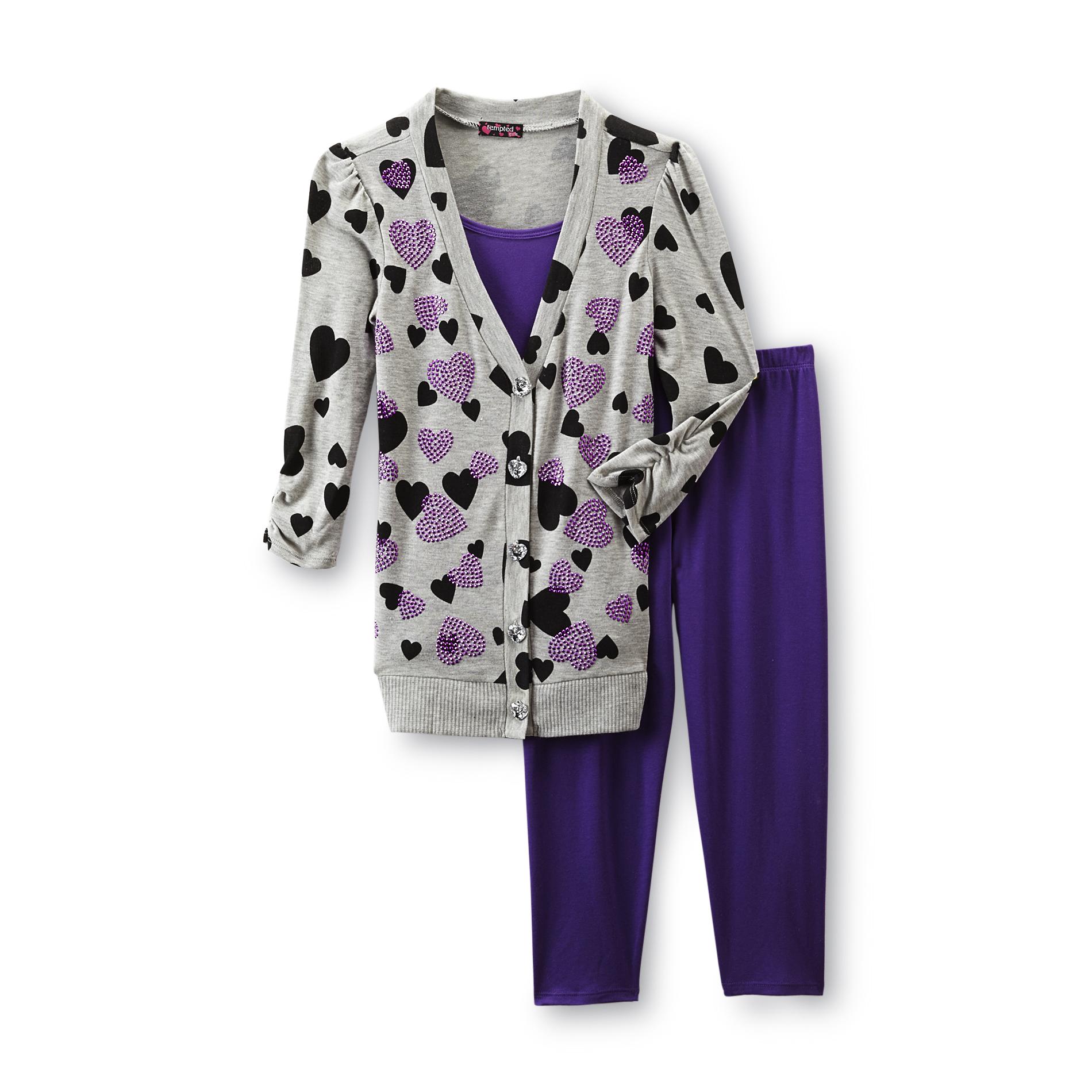 Tempted Apparel Girl's Embellished Cardigan Top & Leggings - Hearts