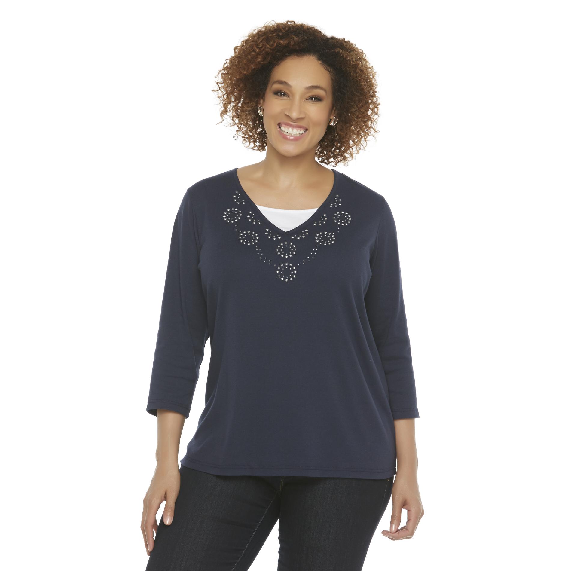 Basic Editions Women's Plus Embellished Layered-Look Top