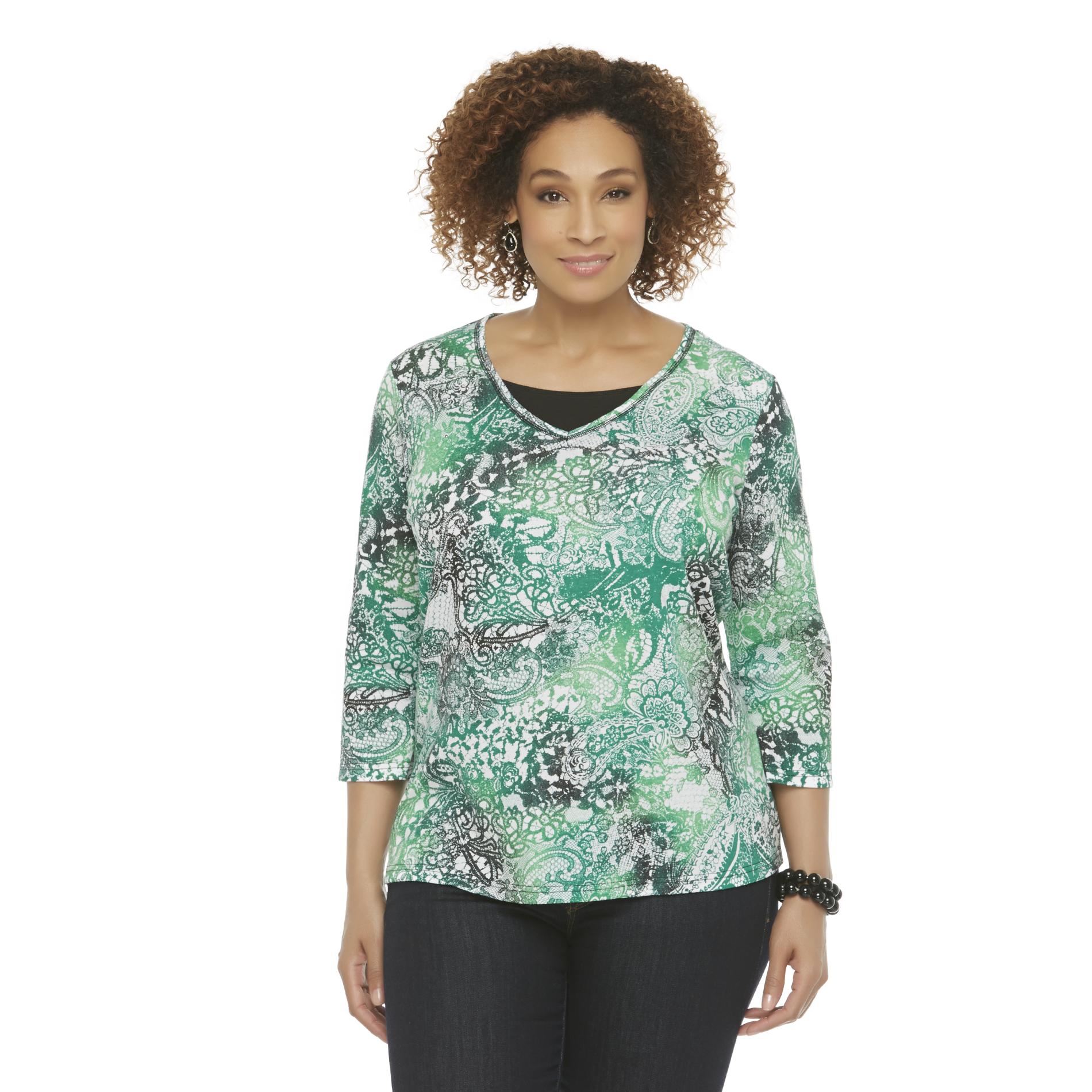 Basic Editions Women's Plus Embellished Layered-Look Top - Paisley