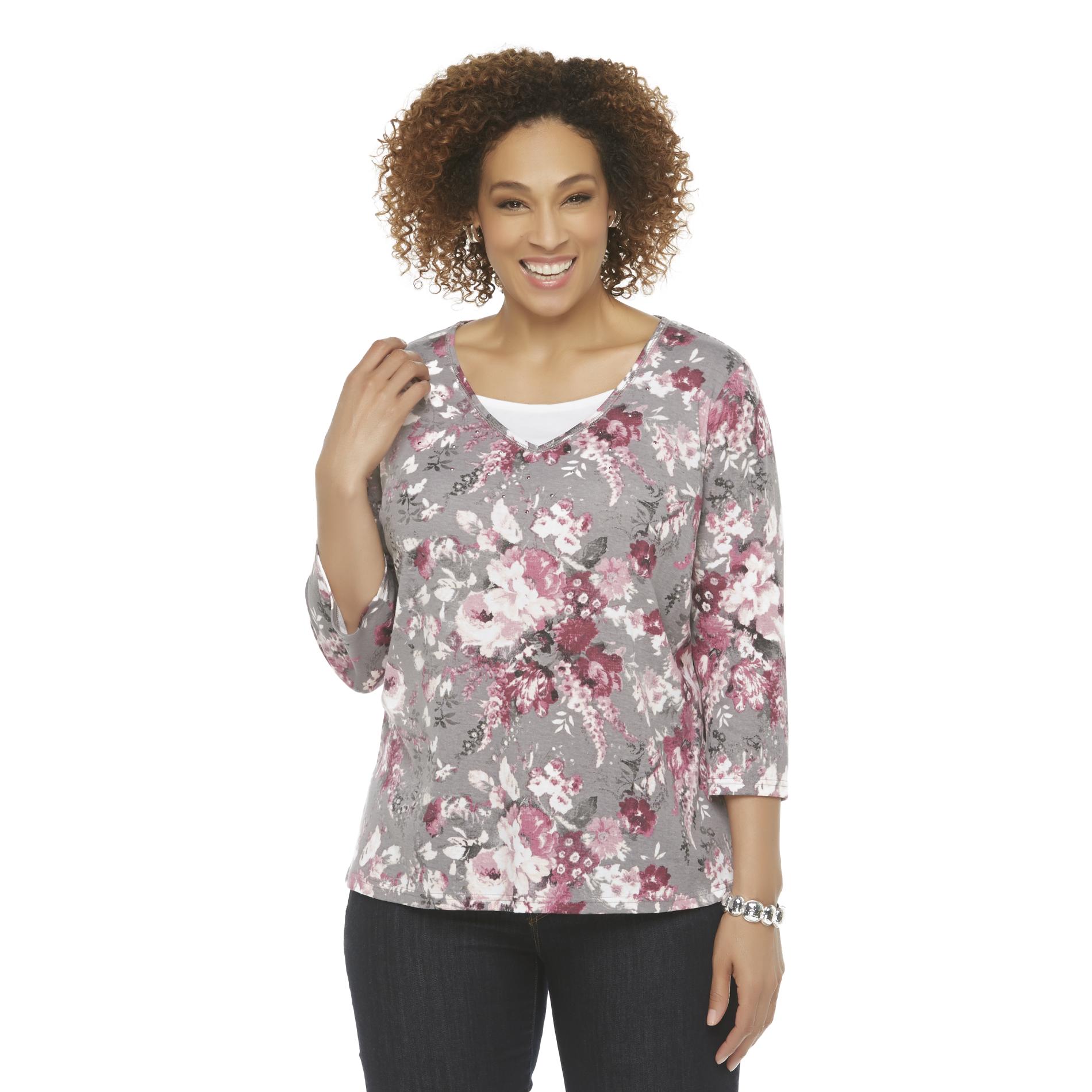 Basic Editions Women's Plus Embellished Layered-Look Top - Floral