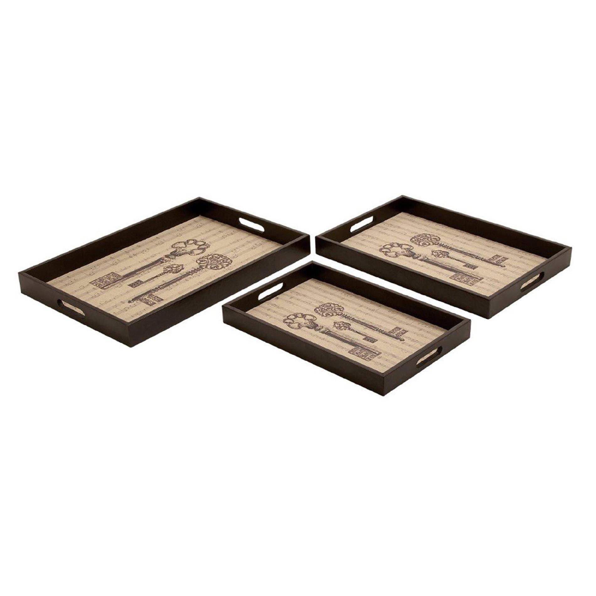 Ore International Wooden And Leather Keys Tray Set Of Three