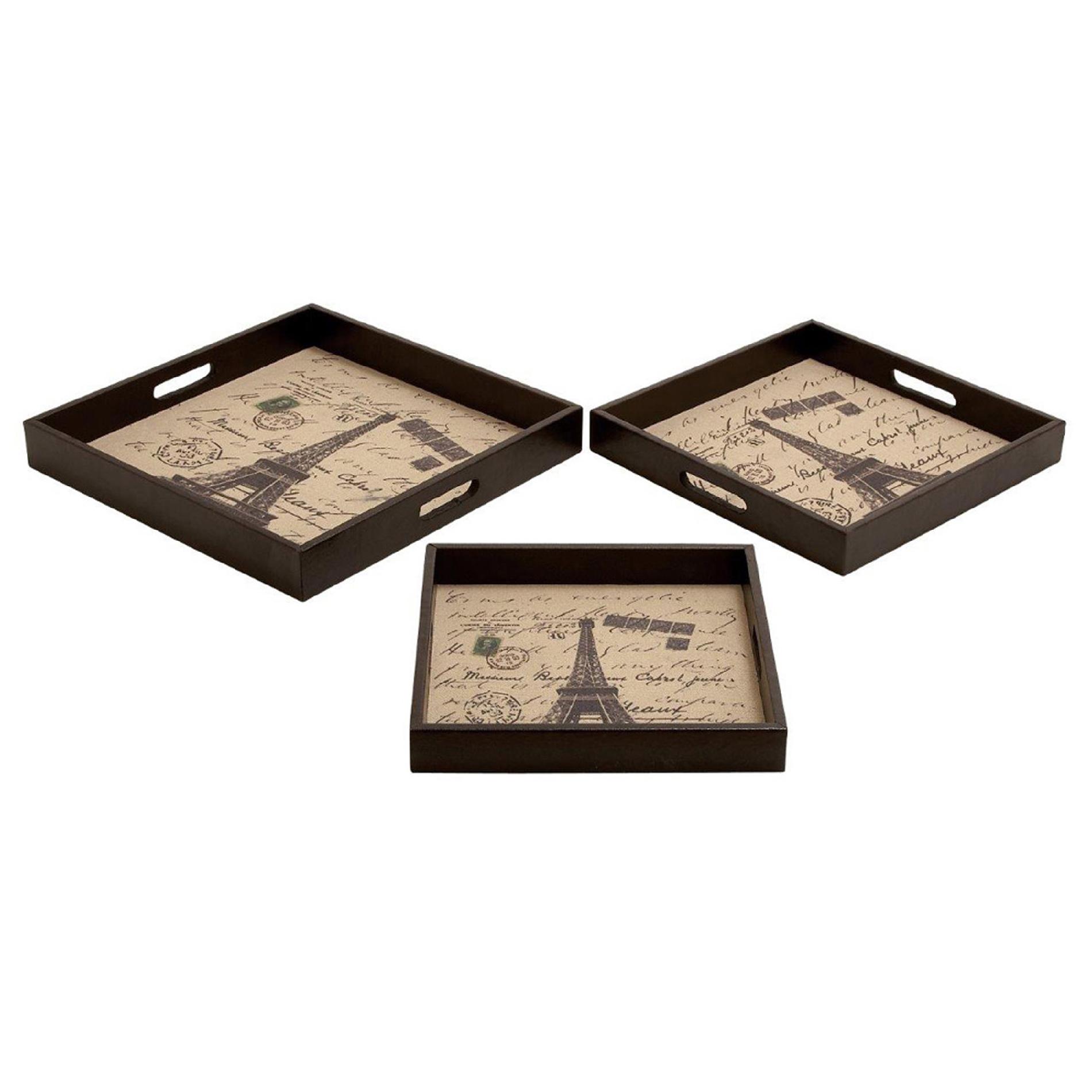 Ore International Wooden And Leather Paris Tray  Set Of Three