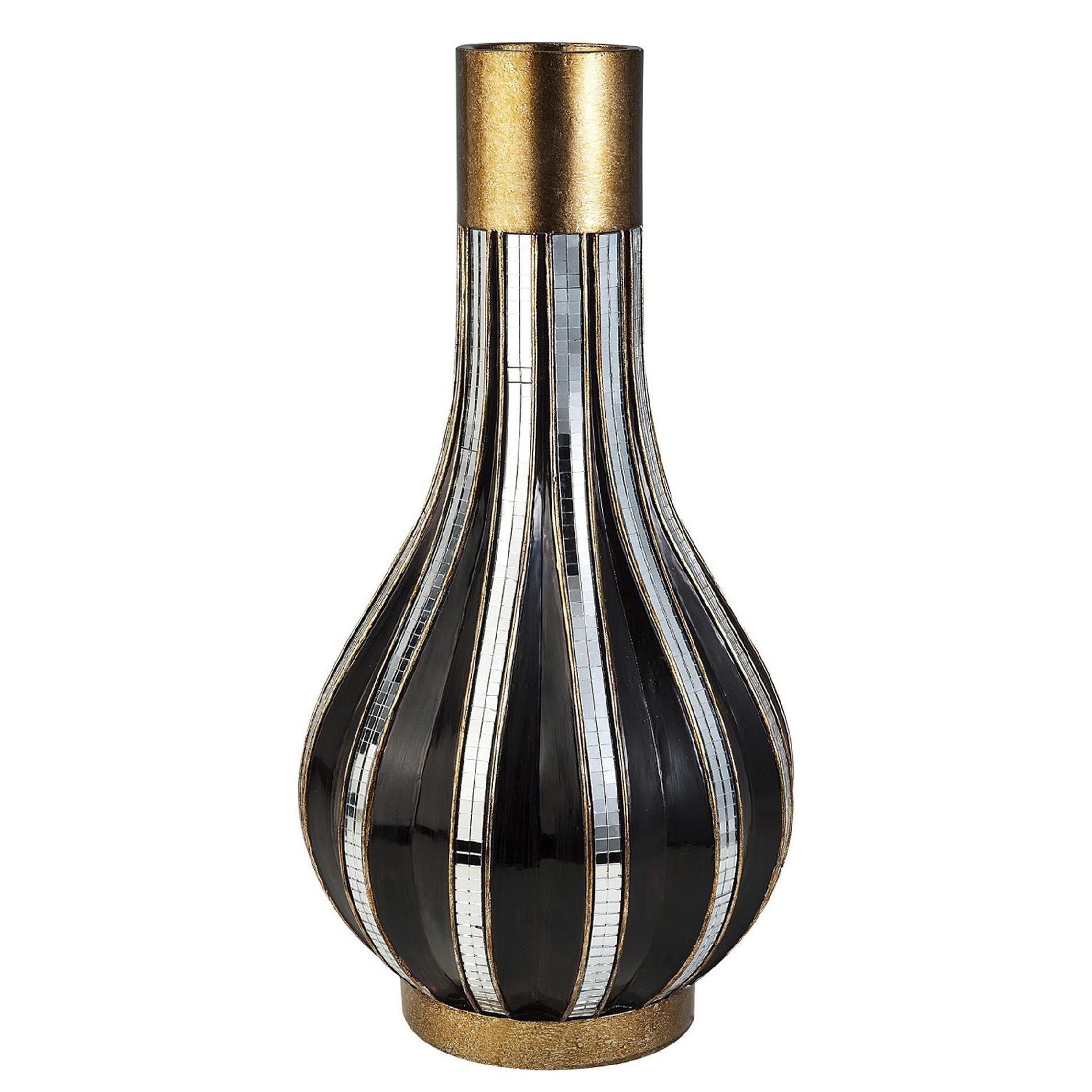Ore International 16.25&quot; Black and Gold Metalic Tiles Decorative Vase