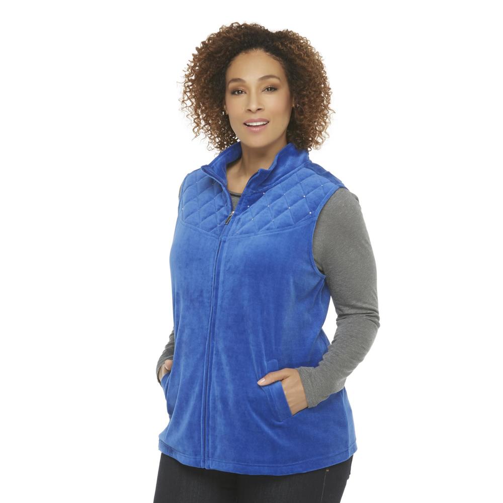 Basic Editions Women's Plus Quilted Velour Vest