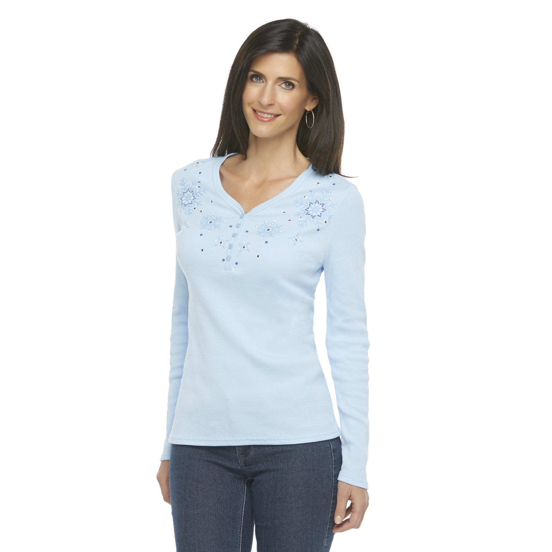 Basic Editions Women's V-Neck Henley Top - Snowflakes
